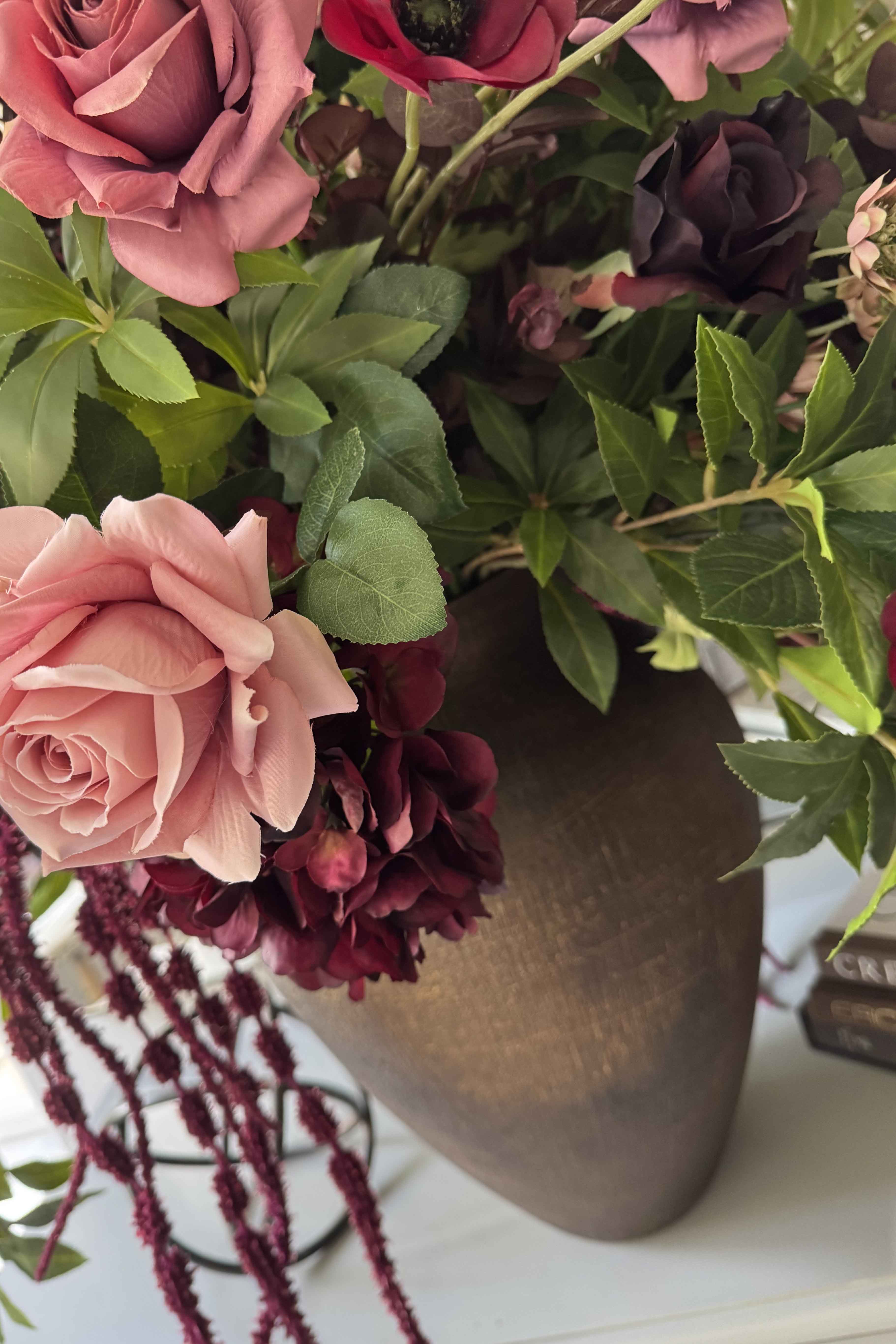 Rose, Anemone and Amaranthus in a Textured Bronze Vase - RTfact Flowers