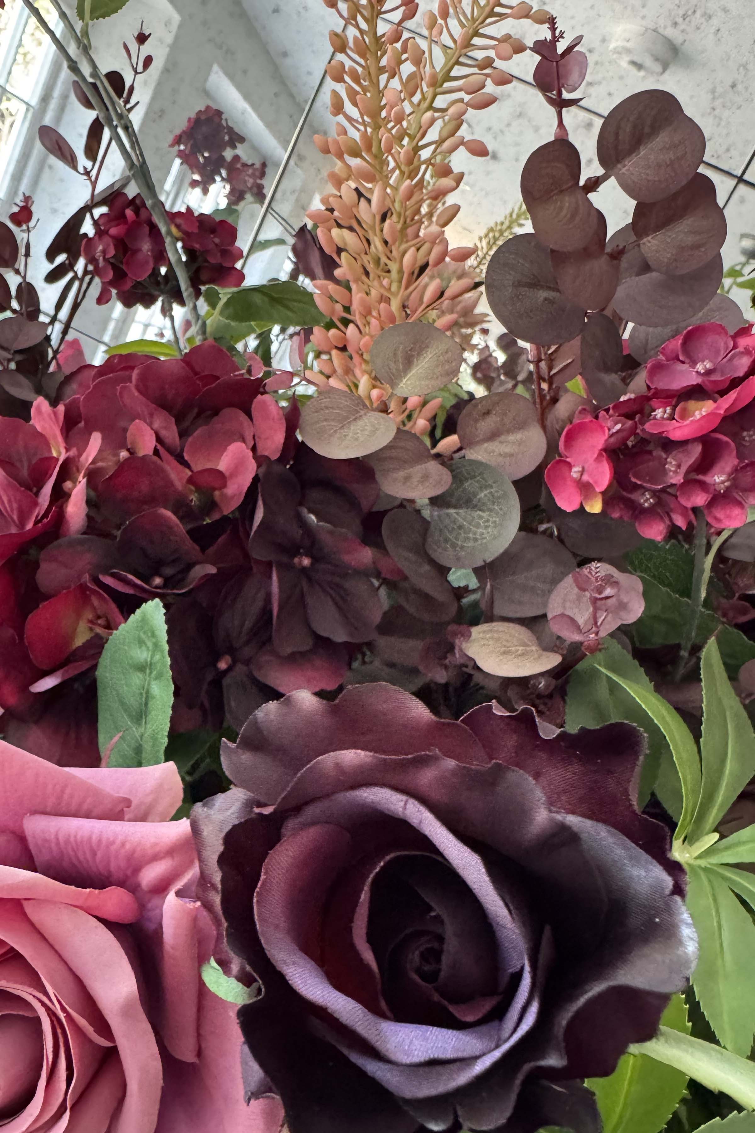 Rose, Anemone and Amaranthus in a Textured Bronze Vase - RTfact Flowers