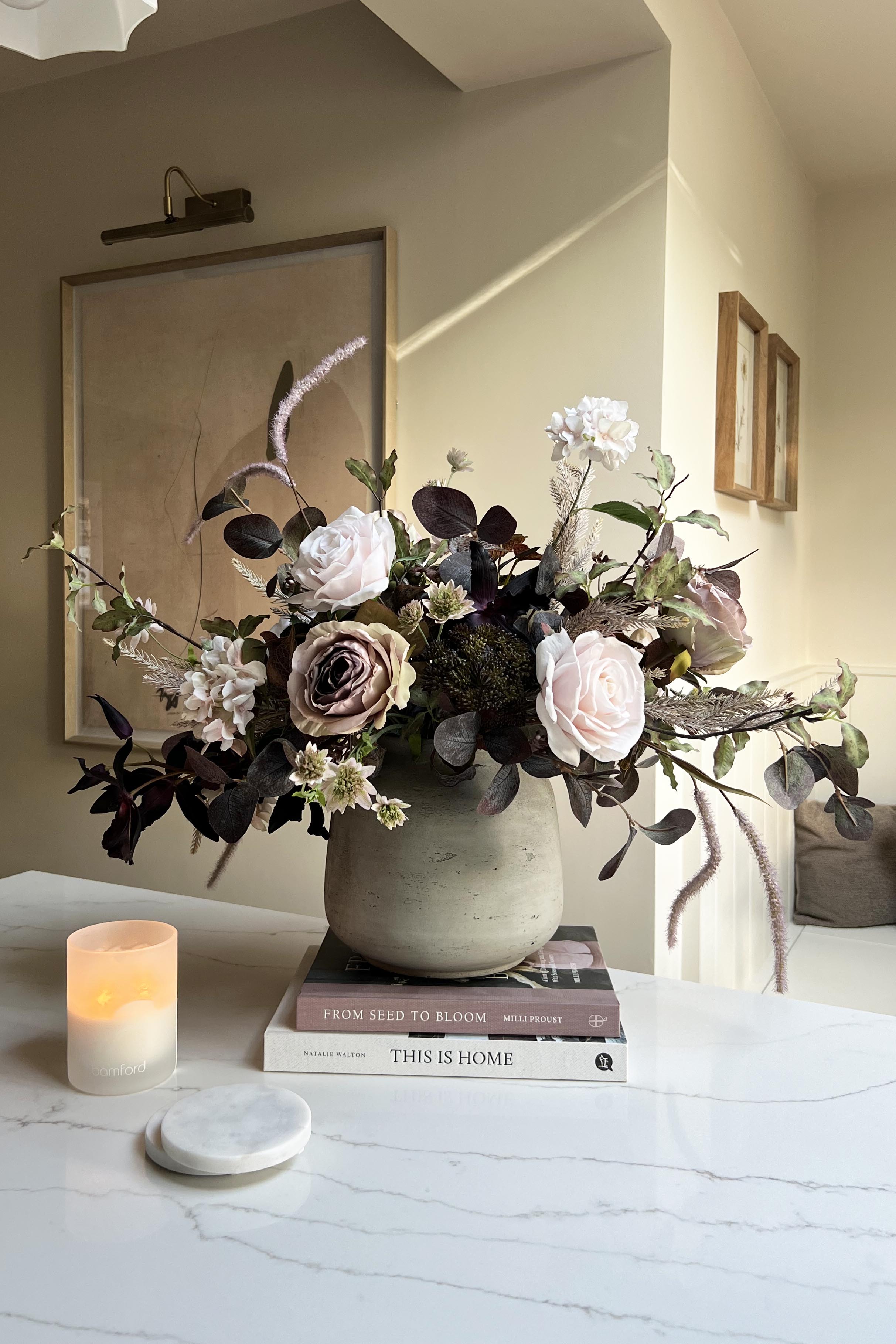 Rose, Eucalyptus and Astrantia in a Textured Grey Vase - RTfact Flowers