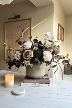 Rose, Eucalyptus and Astrantia in a Textured Grey Vase