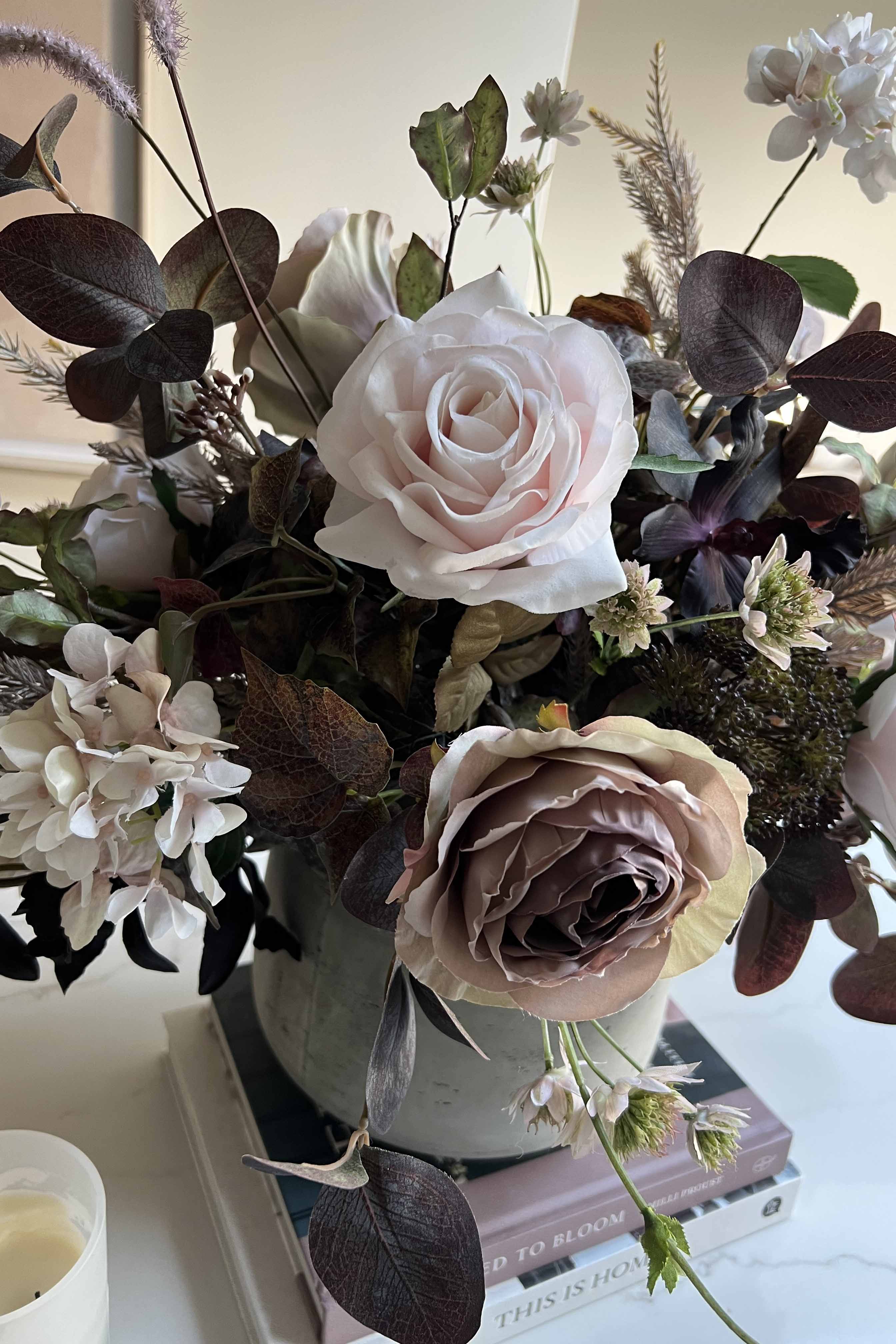 Rose, Eucalyptus and Astrantia in a Textured Grey Vase - RTfact Flowers