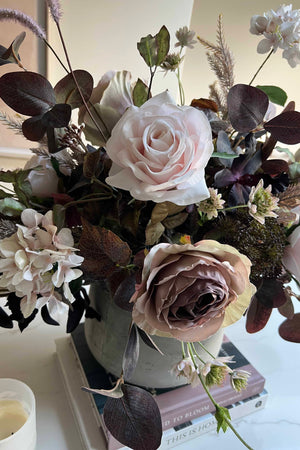 Rose, Eucalyptus and Astrantia in a Textured Grey Vase