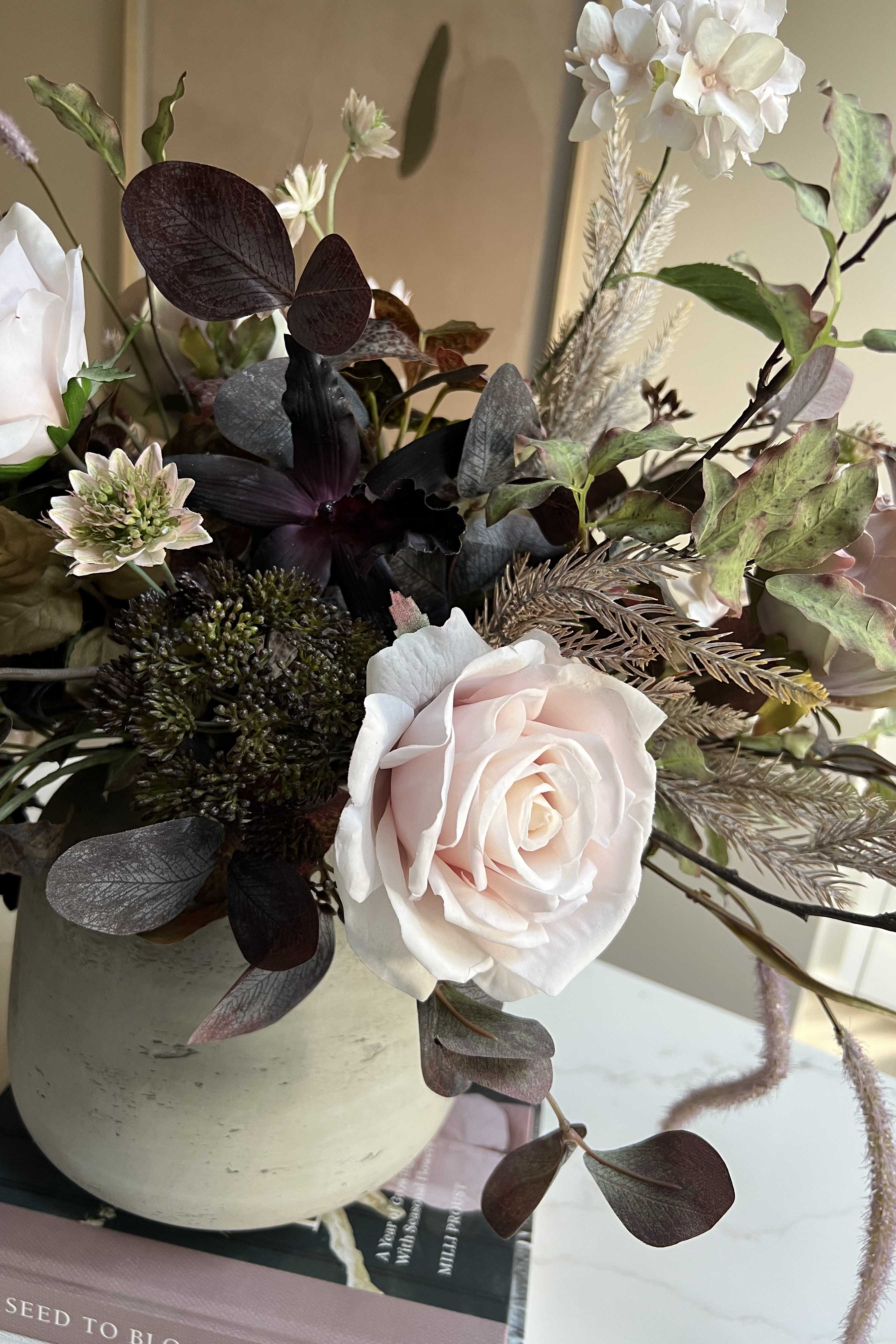 Rose, Eucalyptus and Astrantia in a Textured Grey Vase - RTfact Flowers