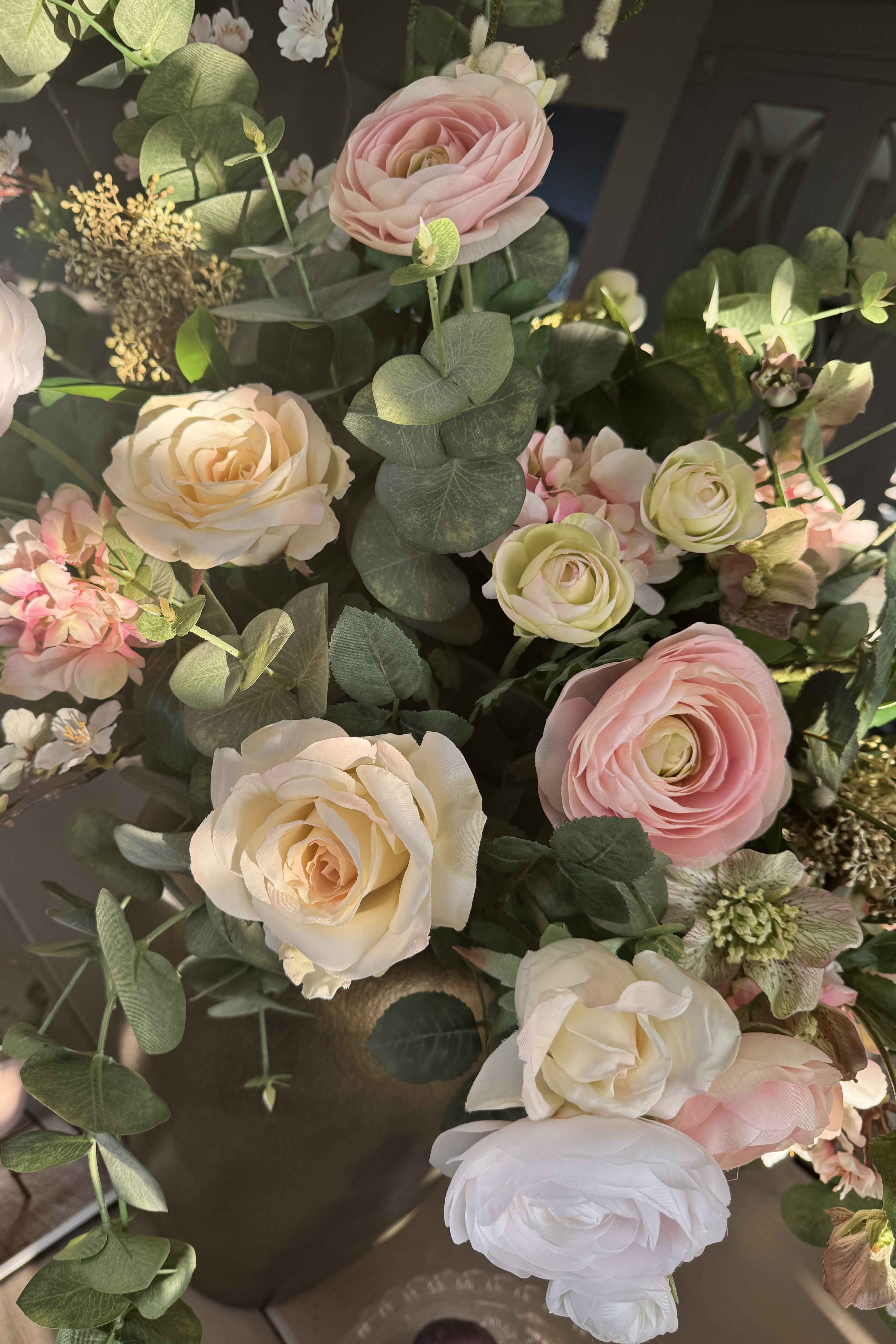 Ranunculus, Rose and Blossom in a Handpainted Bronze Vase RTfact Flowers 
