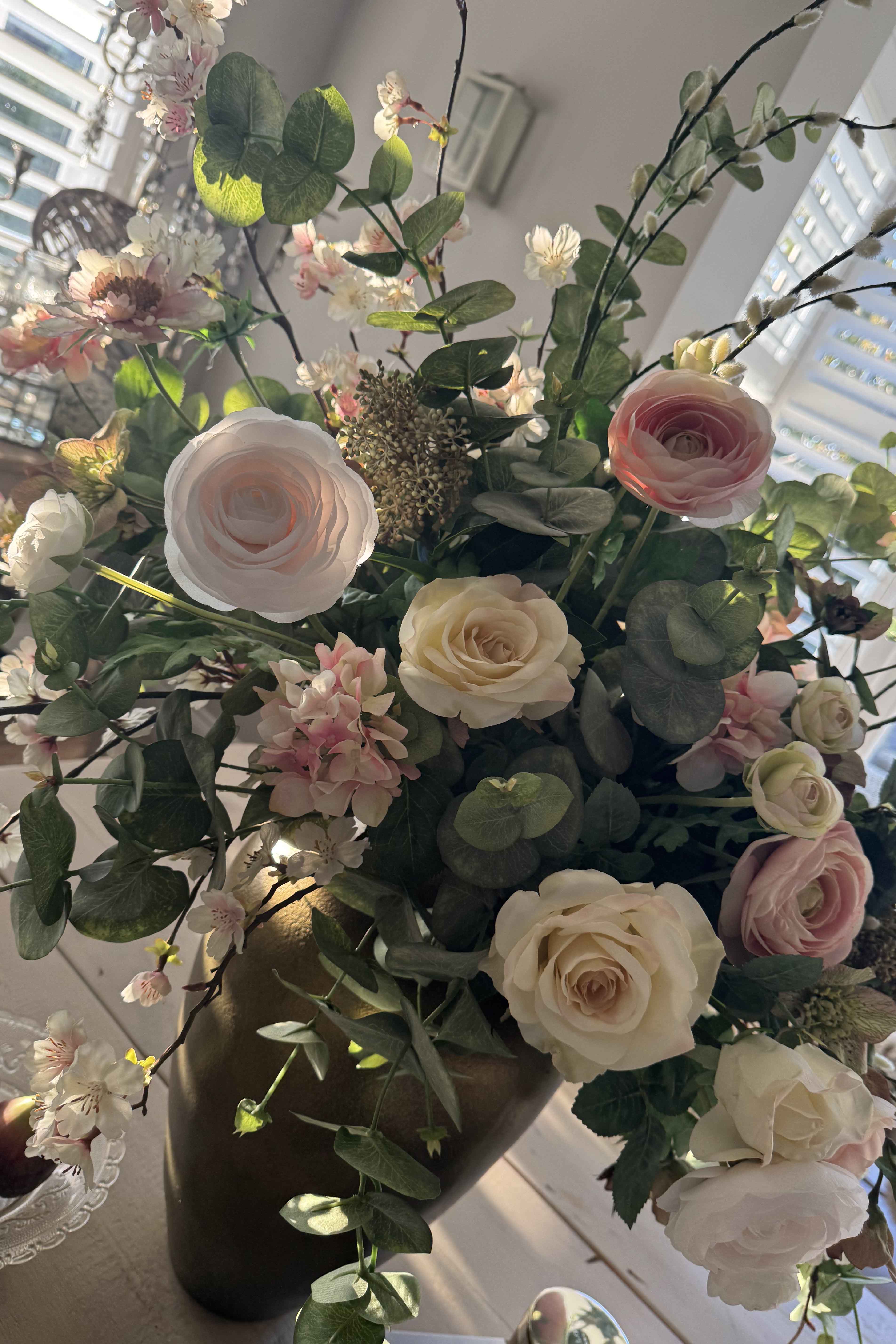 Ranunculus, Rose and Blossom in a Handpainted Bronze Vase RTfact Flowers 
