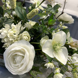 Hellebore, Ranunculus and Bell Flower in a Pearlescent Glass Bowl