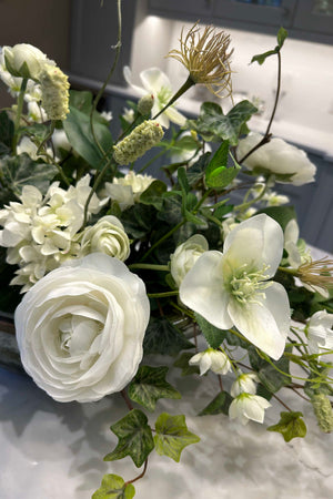 Hellebore, Ranunculus and Bell Flower in a Pearlescent Glass Bowl