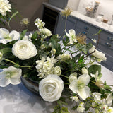 Hellebore, Ranunculus and Bell Flower in a Pearlescent Glass Bowl