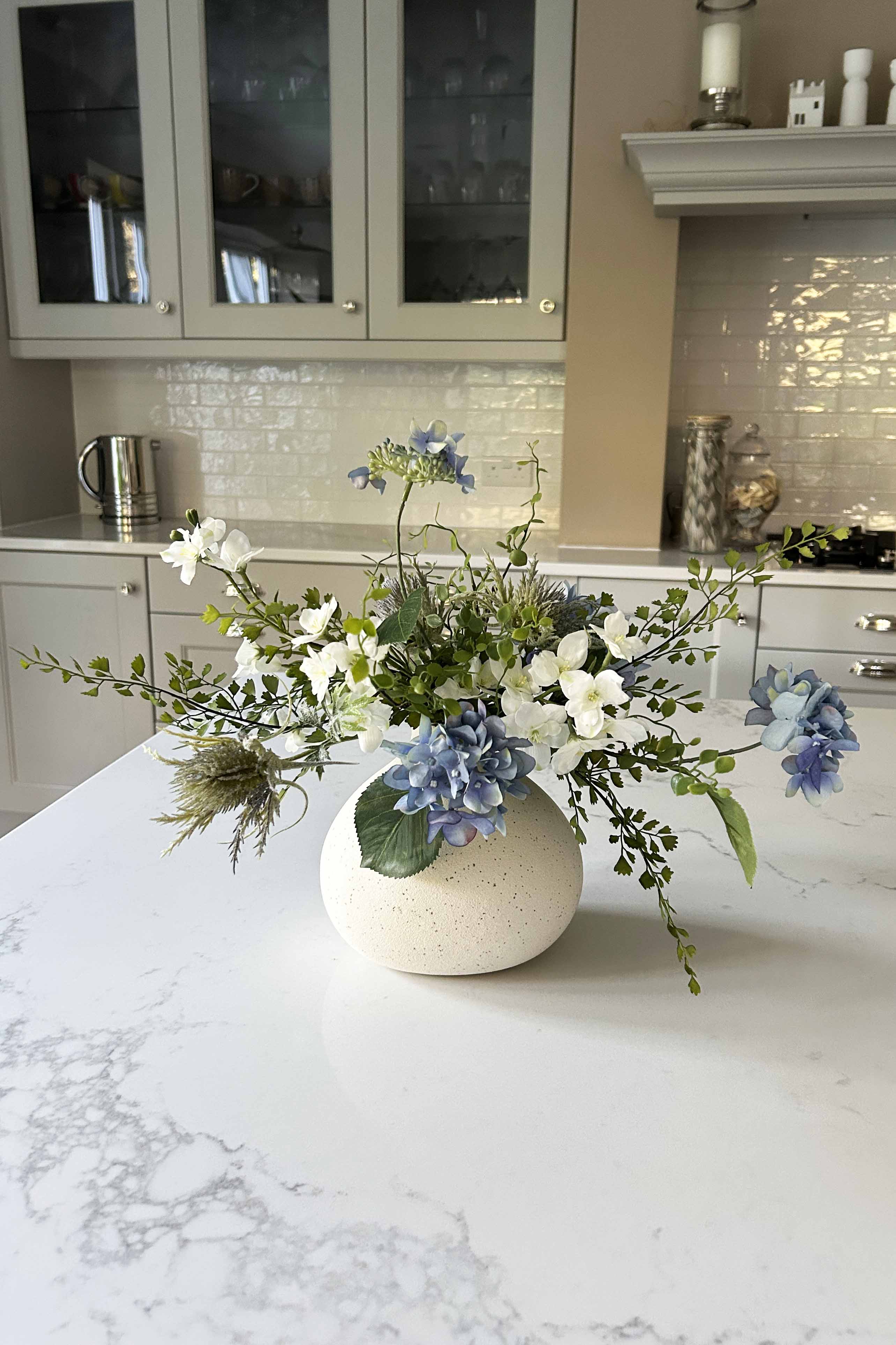 Hydrangea Spray, Maidenhair Fern and Sea Holly in a Cream Vase - RTfact Flowers 