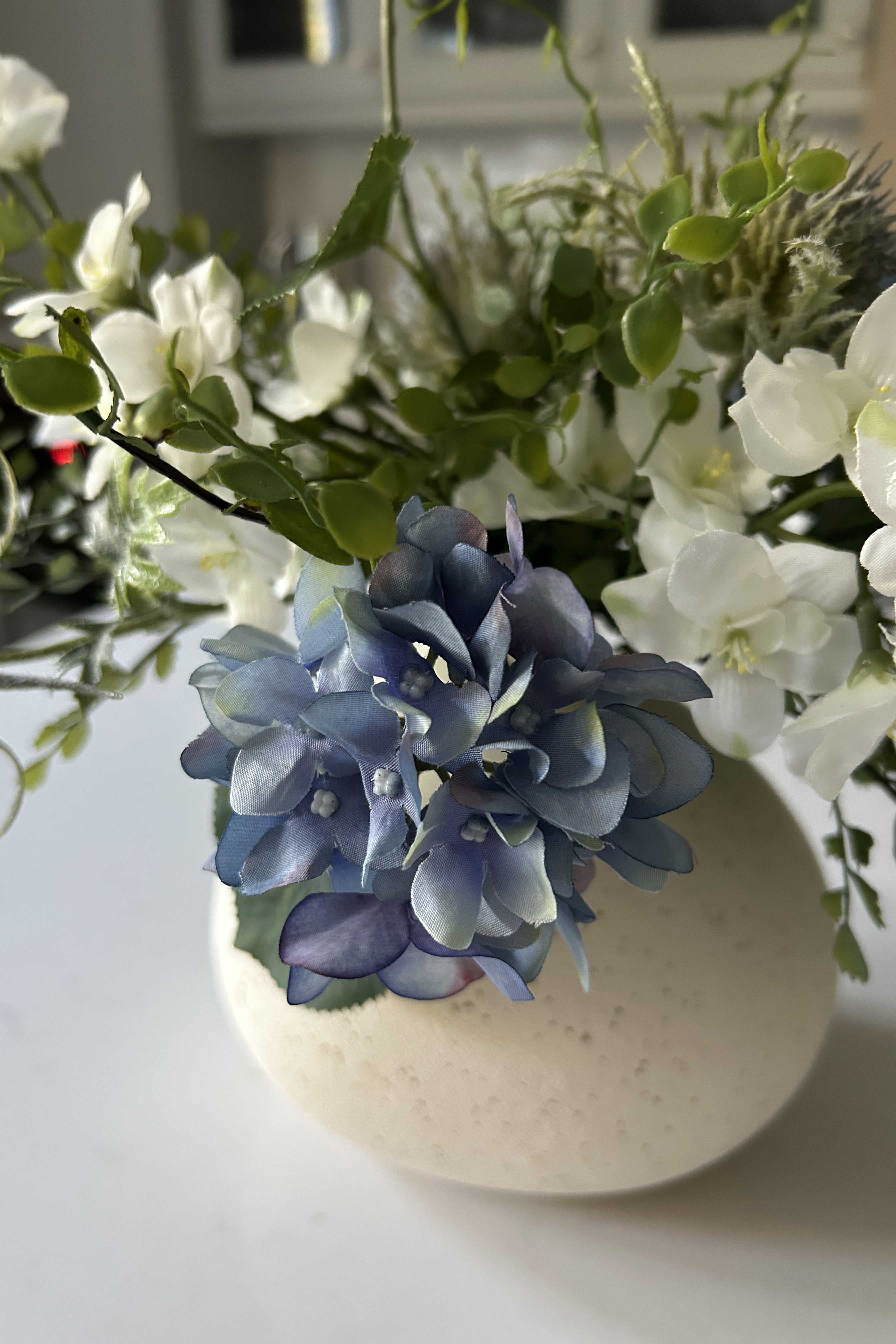 Hydrangea Spray, Maidenhair Fern and Sea Holly in a Cream Vase - TO SHOOT RTfact Flowers 