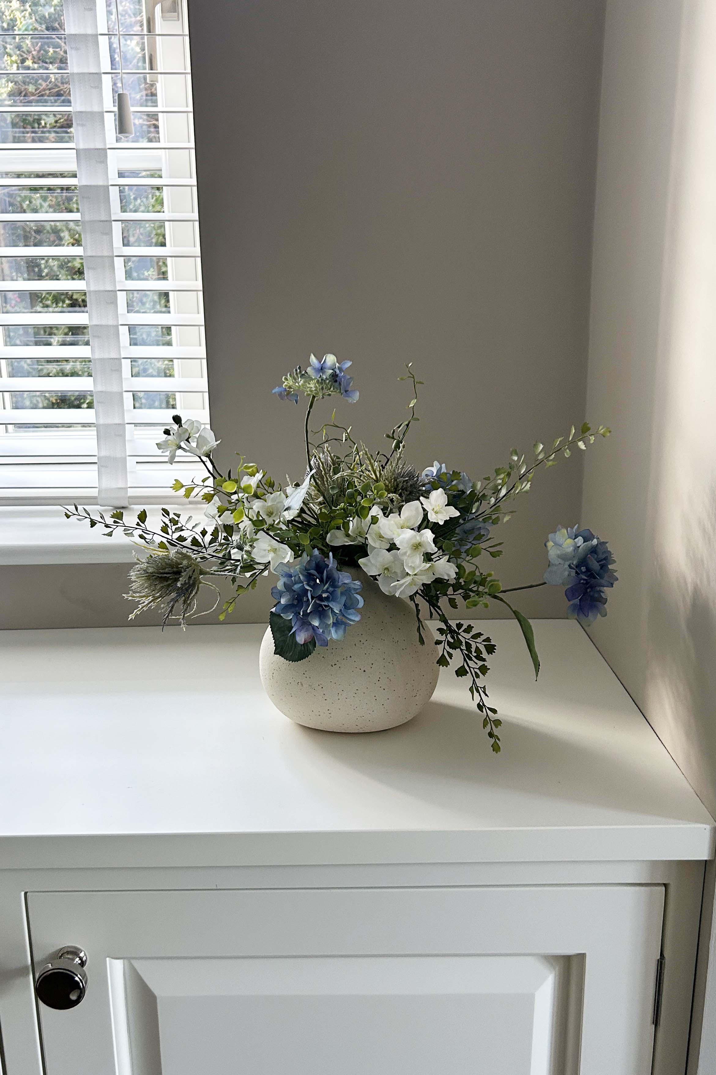 Hydrangea Spray, Maidenhair Fern and Sea Holly in a Cream Vase - TO SHOOT RTfact Flowers 
