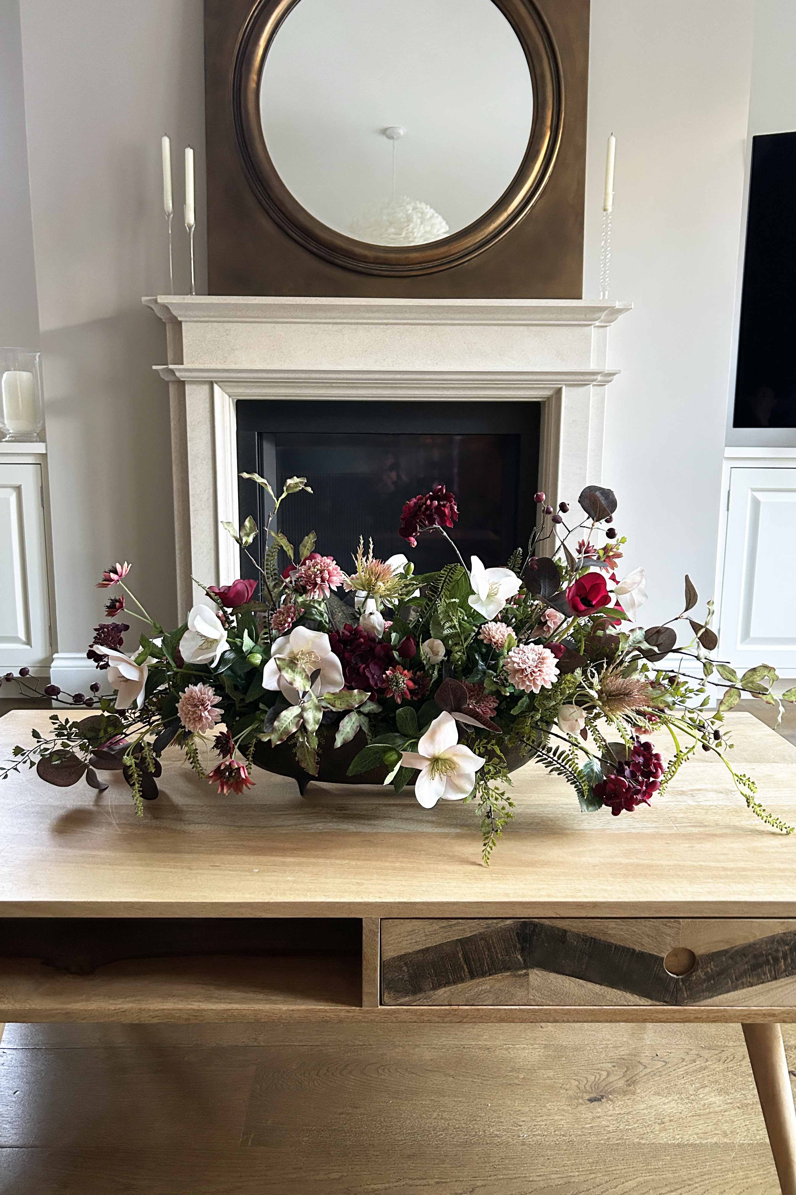 Hydrangea Spray, Hellebore and Astrantia in a Bronze Footed Boat - TO SHOOT RTfact Flowers 