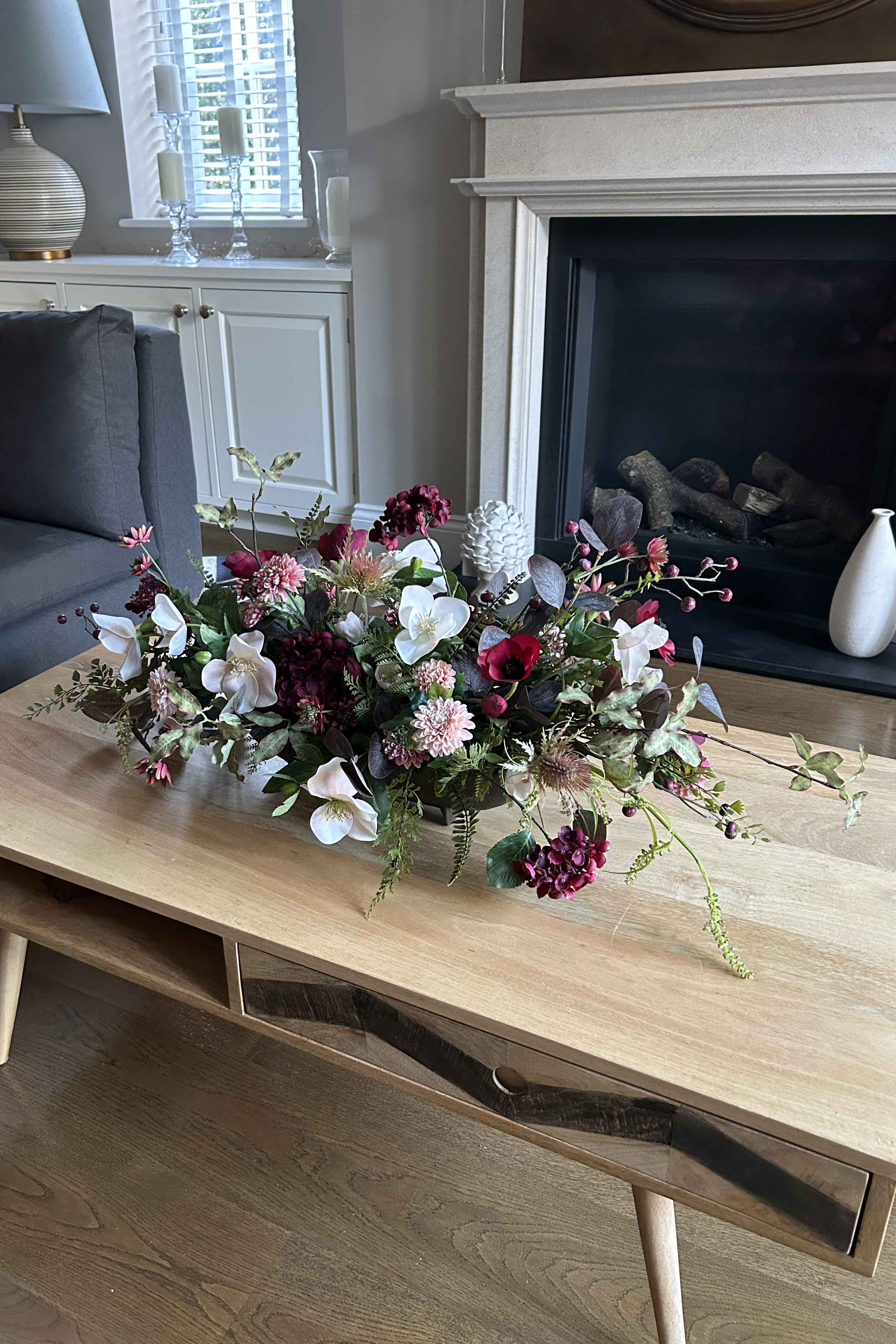 Hydrangea Spray, Hellebore and Astrantia in a Bronze Footed Boat - TO SHOOT RTfact Flowers 