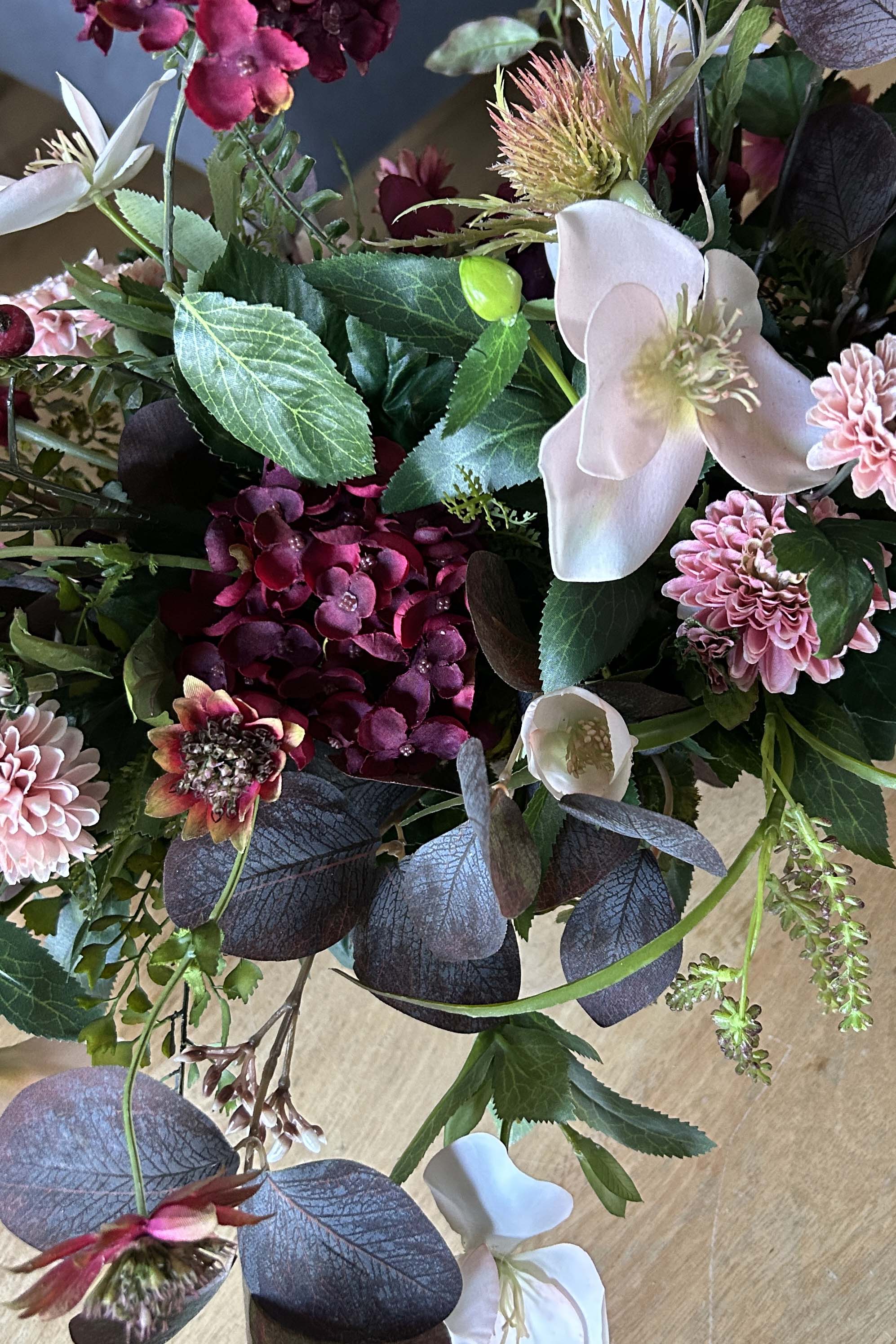 Hydrangea Spray, Hellebore and Astrantia in a Bronze Footed Boat - TO SHOOT RTfact Flowers 