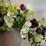 Hellebore, Tulips and Queen Anne's Lace in a Rustic Vase