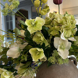 Hellebore, Tulips and Queen Anne's Lace in a Rustic Vase