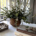 Wax Flower and Eucalyptus in a Carved Wooden Vase - to shoot RTfact Flowers 