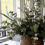 Wax Flower and Eucalyptus in a Carved Wooden Vase - to shoot RTfact Flowers 