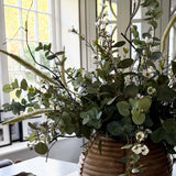Wax Flower and Eucalyptus in a Carved Wooden Vase - to shoot RTfact Flowers 