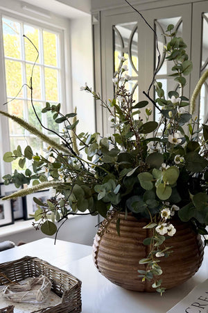 Wax Flower and Eucalyptus in a Carved Wooden Vase - to shoot RTfact Flowers 