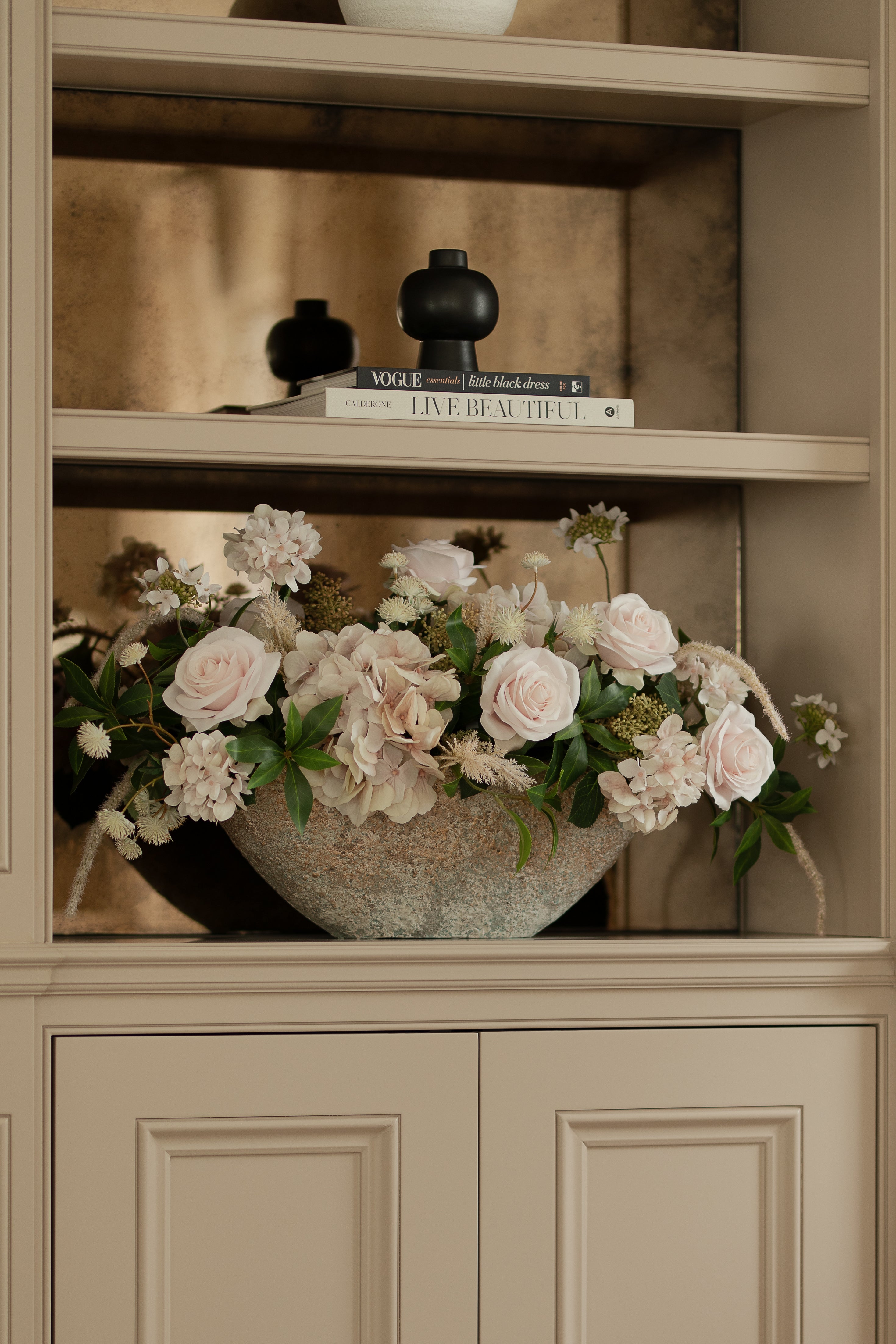 Rose, Hydrangea and Astrantia in a Stone Textured Boat RTfact Flowers 