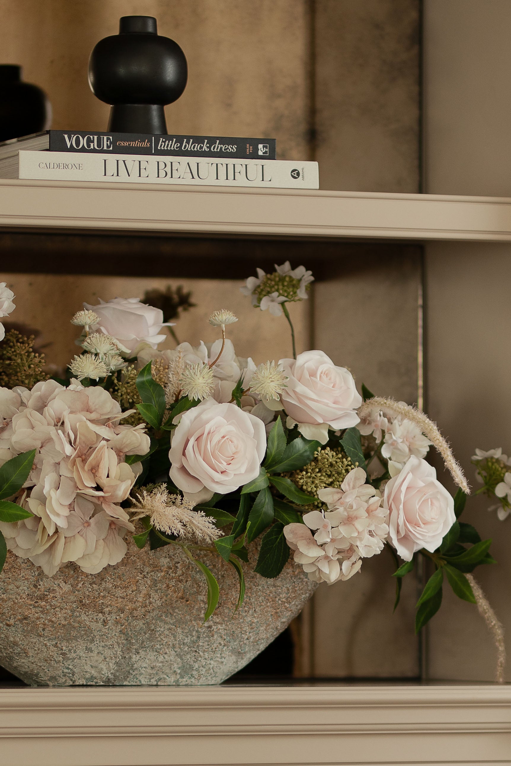 Rose, Hydrangea and Astrantia in a Stone Textured Boat RTfact Flowers 
