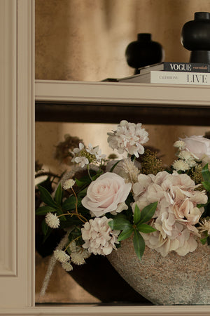 Rose, Hydrangea and Astrantia in a Stone Textured Boat RTfact Flowers 