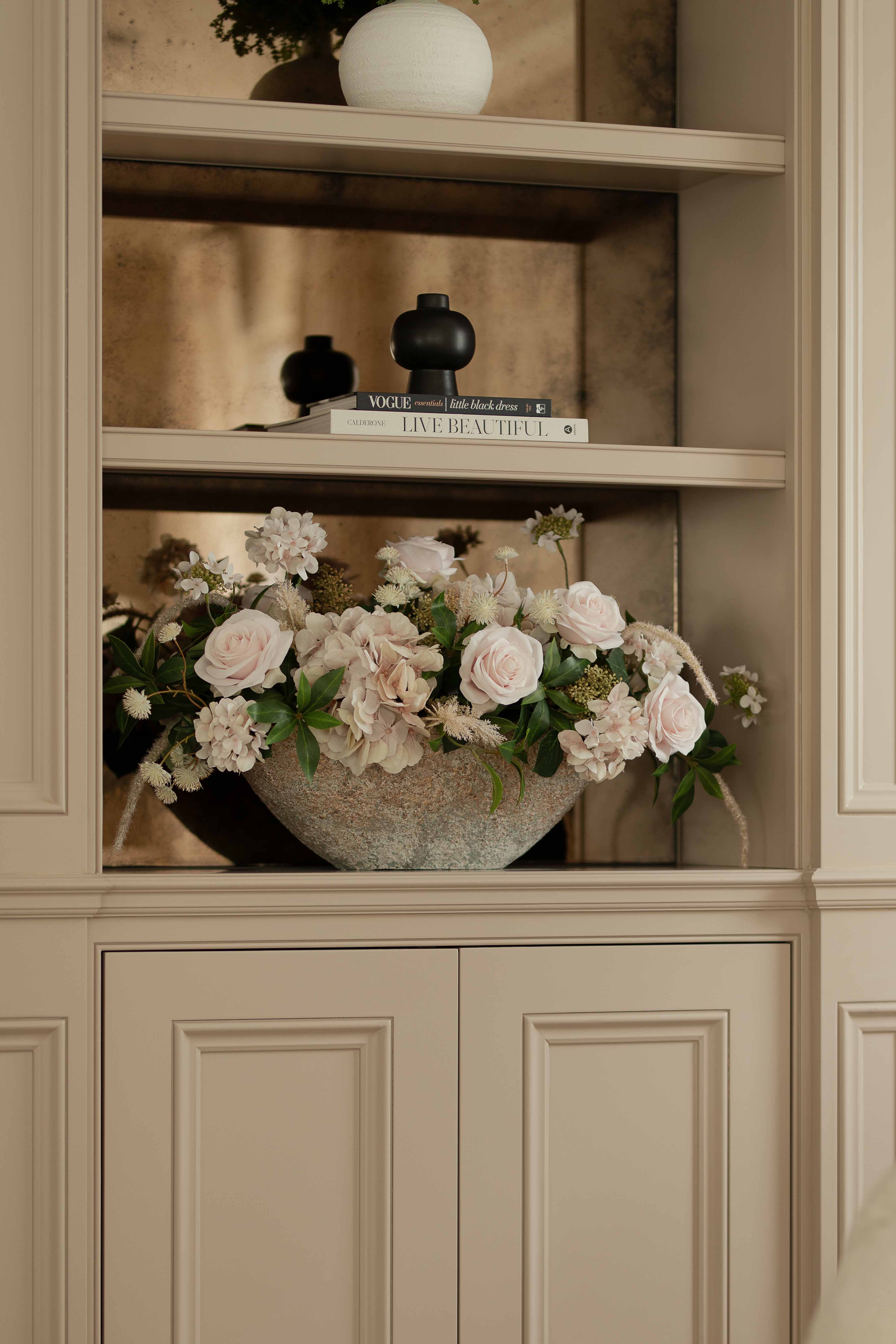 Rose, Hydrangea and Astrantia in a Stone Textured Boat RTfact Flowers 
