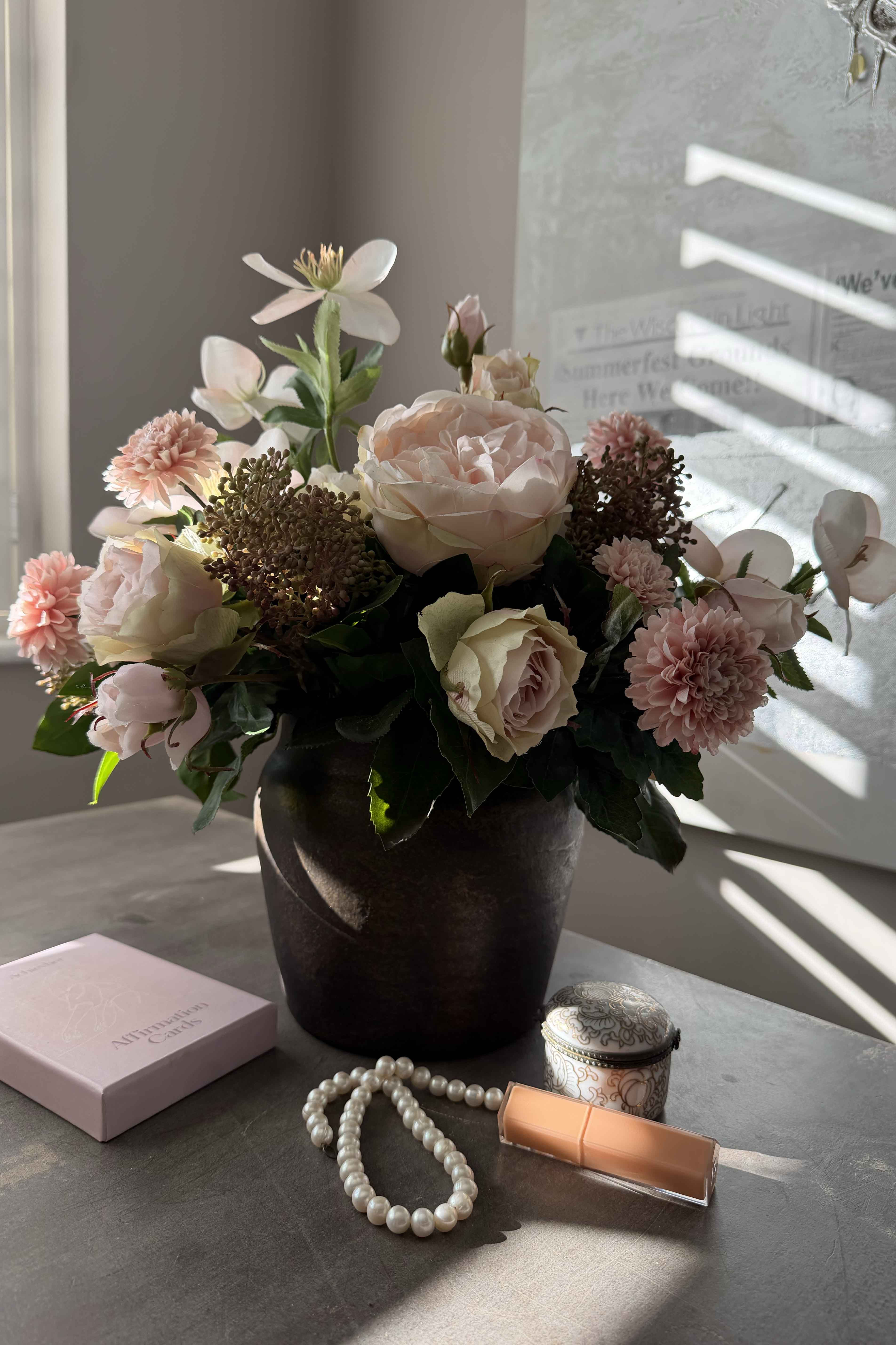 Rose, Hellebore and Chrysanthemum in a Bronze hand-painted Vase RTfact Flowers 