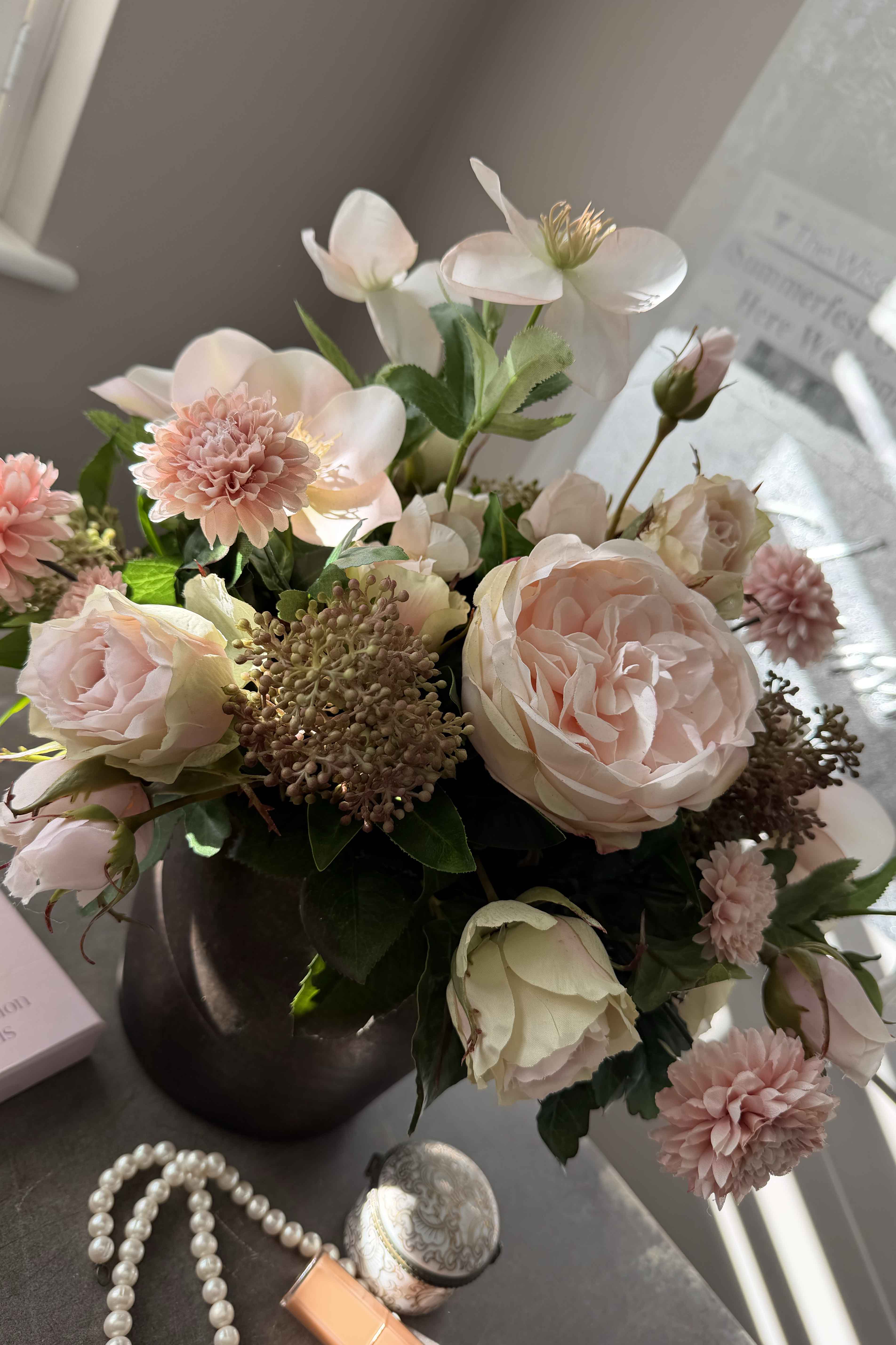 Rose, Hellebore and Chrysanthemum in a Bronze hand-painted Vase RTfact Flowers 