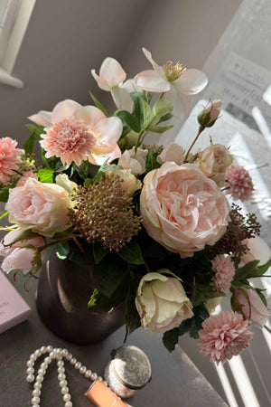 Rose, Hellebore and Chrysanthemum in a Bronze hand-painted Vase RTfact Flowers 