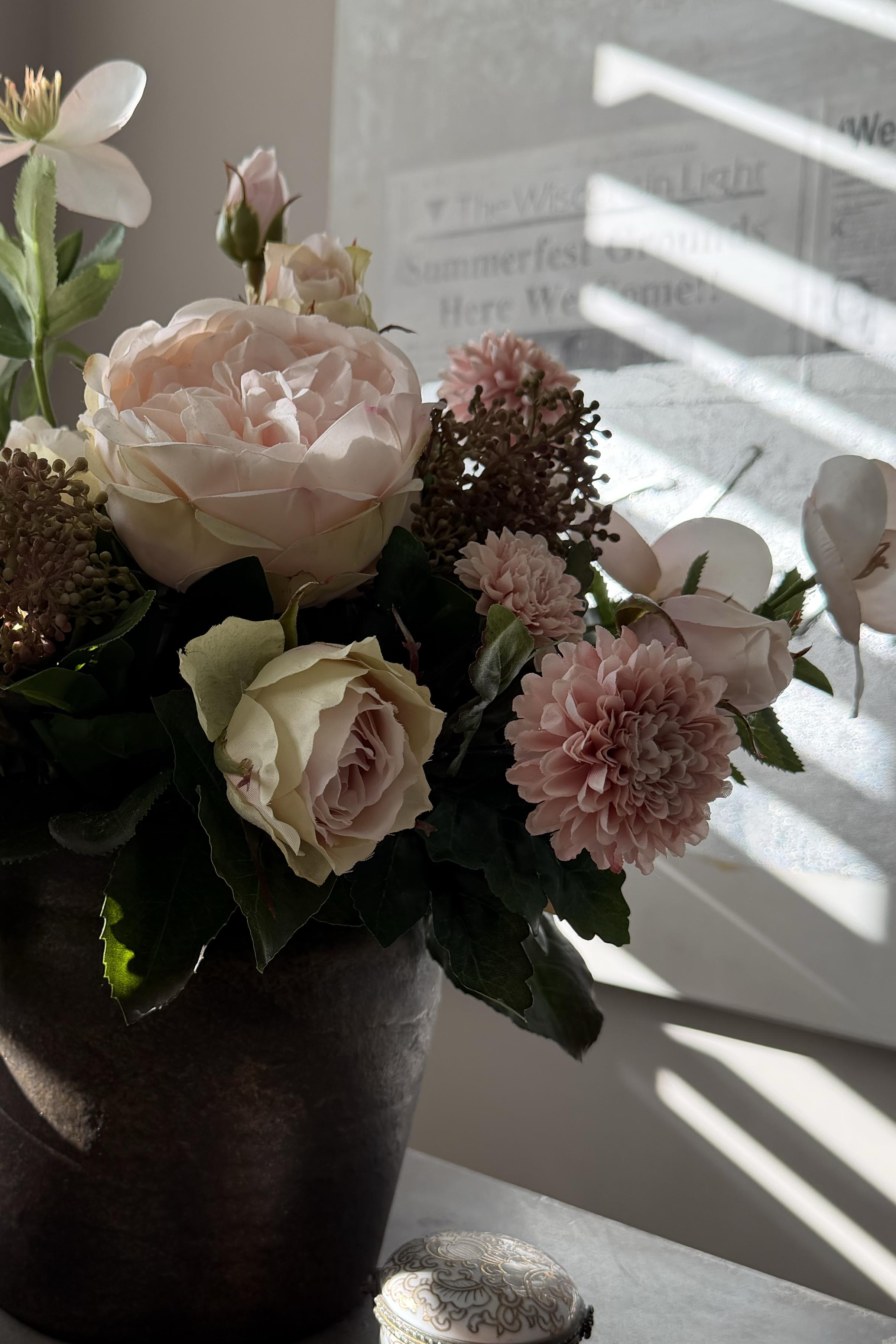 Rose, Hellebore and Chrysanthemum in a Bronze hand-painted Vase RTfact Flowers 
