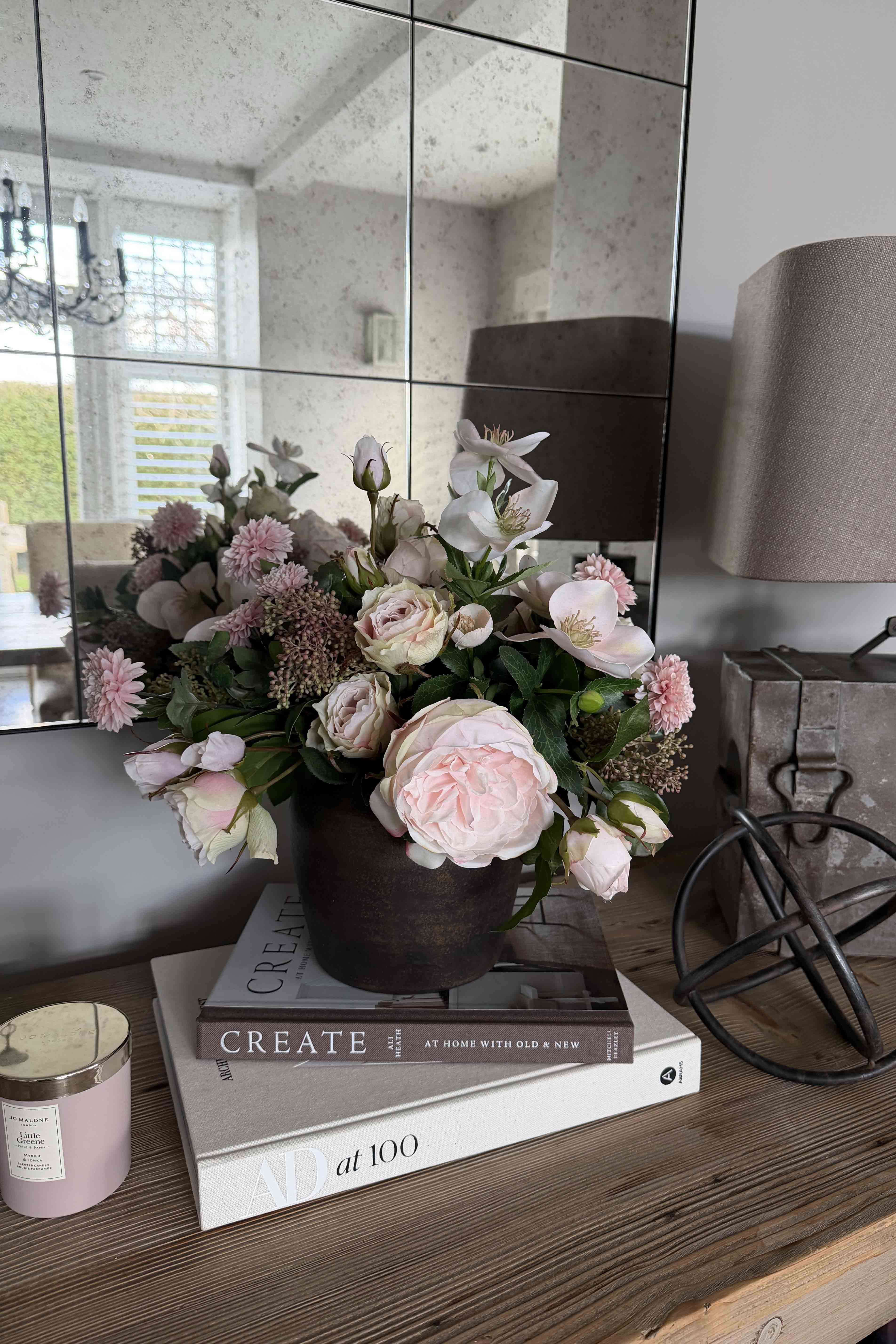 Rose, Hellebore and Chrysanthemum in a Bronze hand-painted Vase RTfact Flowers 