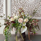 Eucalyptus, Roses, Calla Lilies and Astrantia in a Gold Glass Vase RTfact Flowers 