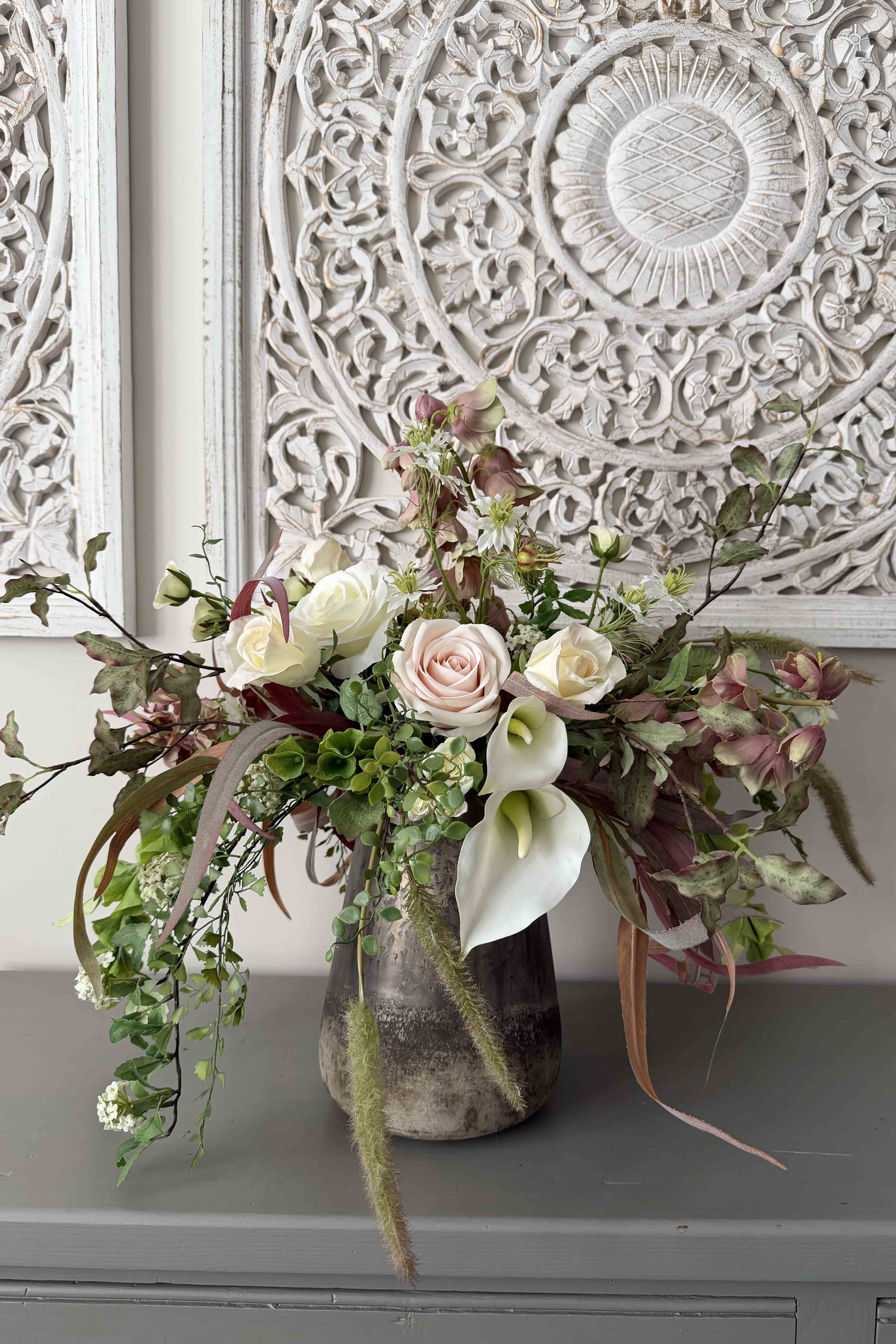 Eucalyptus, Roses, Calla Lilies and Astrantia in a Gold Glass Vase RTfact Flowers 
