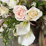 Eucalyptus, Roses, Calla Lilies and Astrantia in a Gold Glass Vase RTfact Flowers 