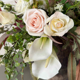 Eucalyptus, Roses, Calla Lilies and Astrantia in a Gold Glass Vase RTfact Flowers 