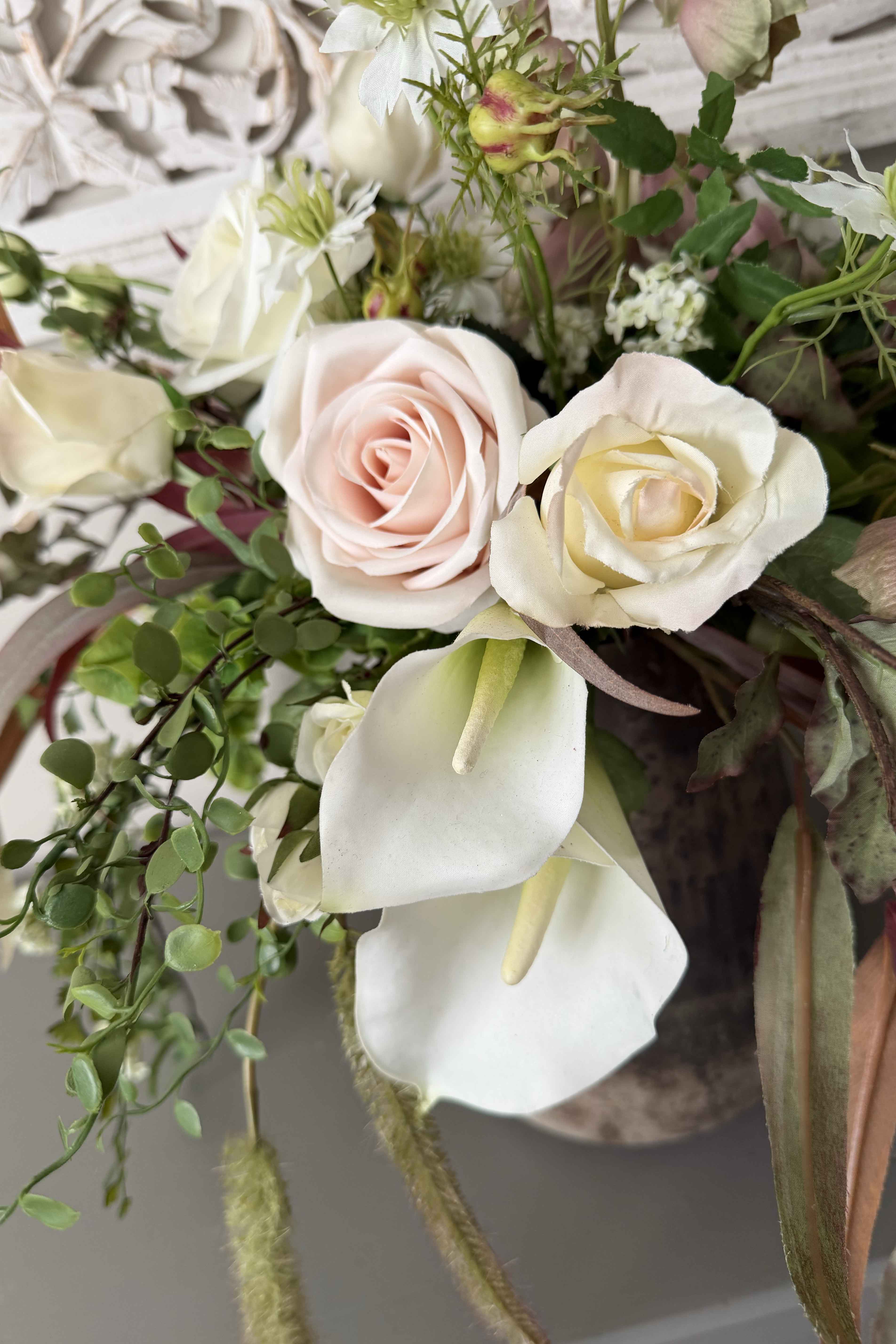 Eucalyptus, Roses, Calla Lilies and Astrantia in a Gold Glass Vase RTfact Flowers 
