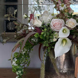 Eucalyptus, Roses, Calla Lilies and Astrantia in a Gold Glass Vase RTfact Flowers 