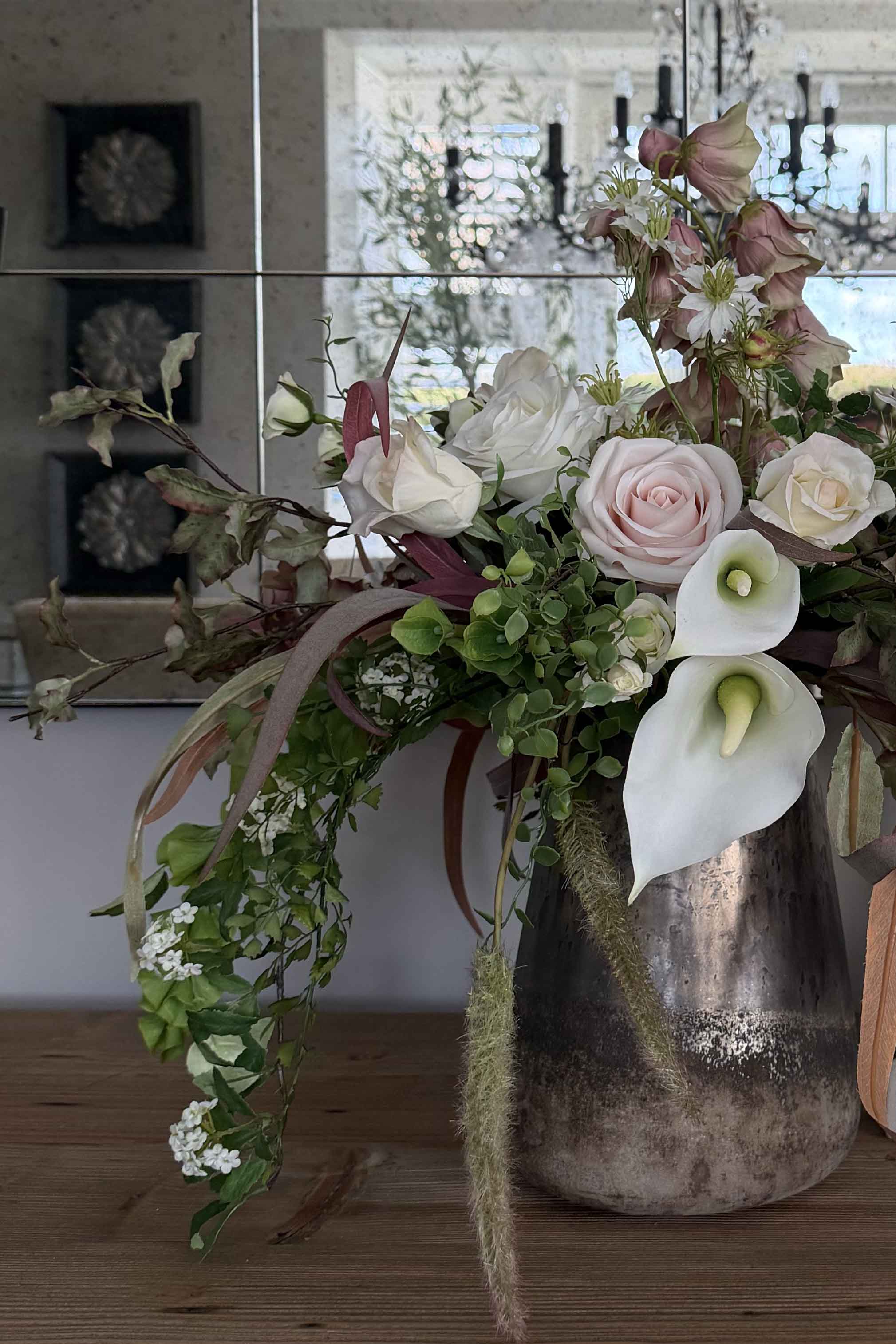Eucalyptus, Roses, Calla Lilies and Astrantia in a Gold Glass Vase RTfact Flowers 