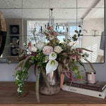 Eucalyptus, Roses, Calla Lilies and Astrantia in a Gold Glass Vase RTfact Flowers 