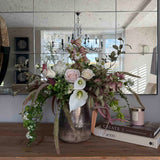 Eucalyptus, Roses, Calla Lilies and Astrantia in a Gold Glass Vase RTfact Flowers 