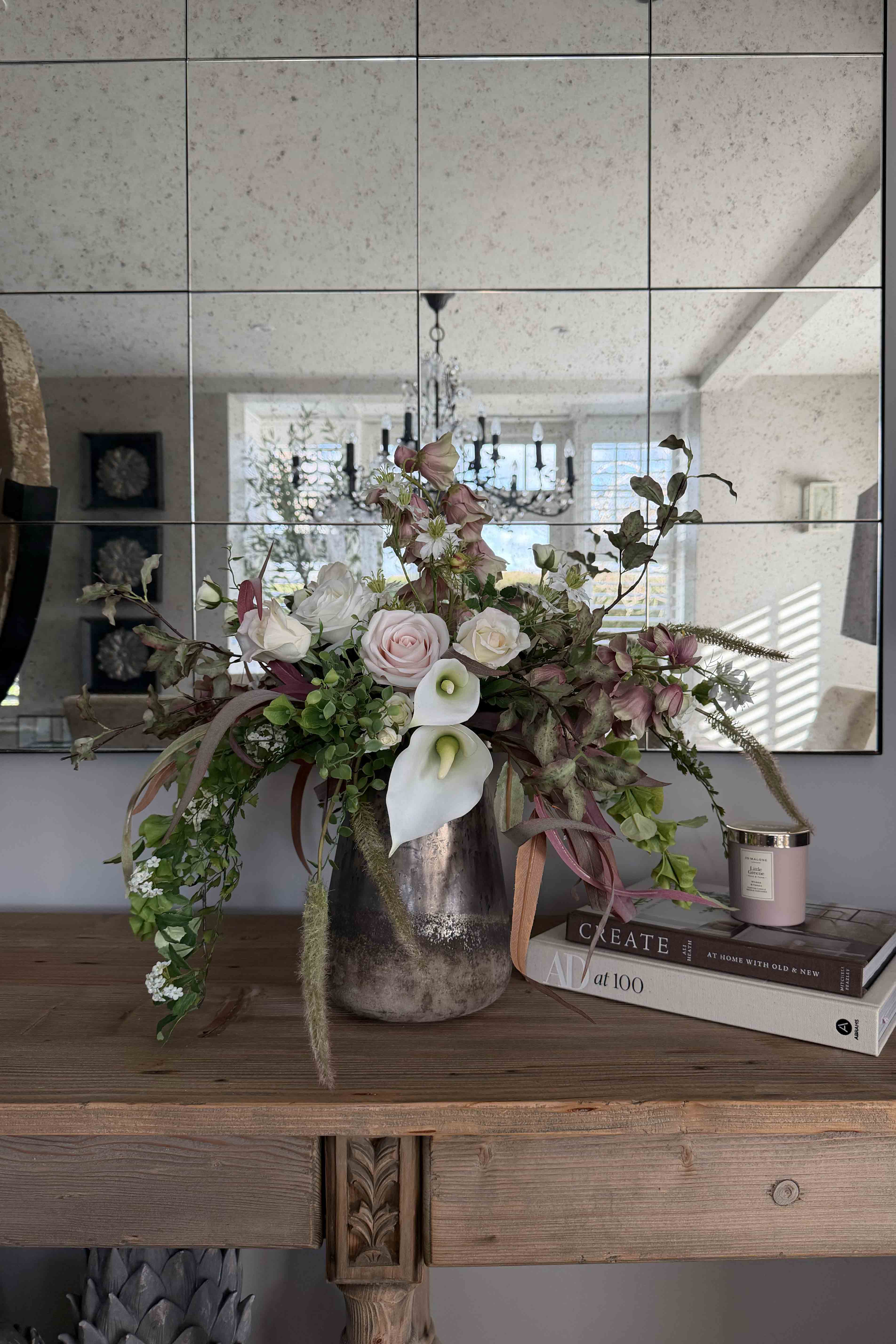 Eucalyptus, Roses, Calla Lilies and Astrantia in a Gold Glass Vase RTfact Flowers 