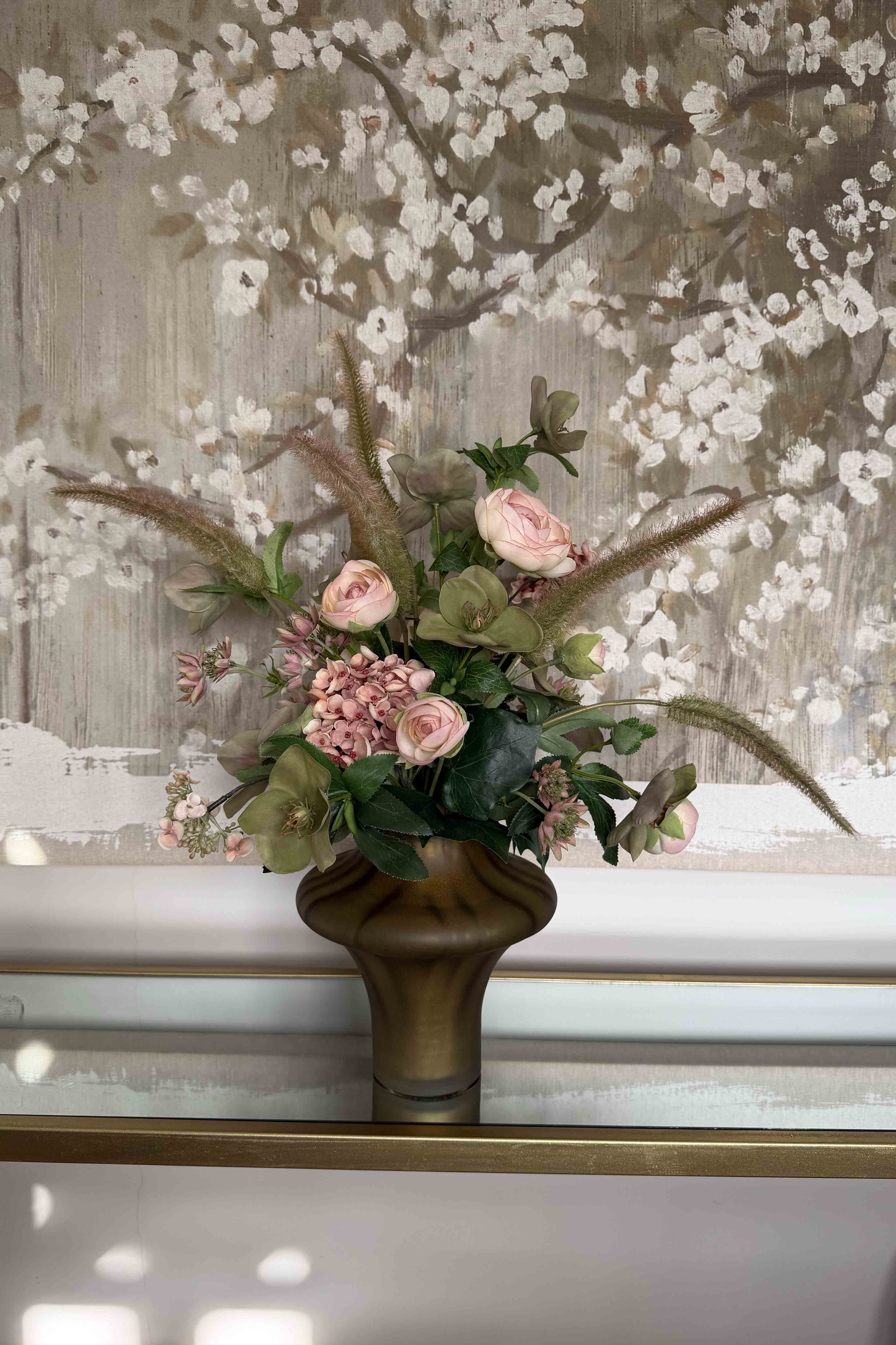 Ranunculus, Hellebores and Hydrangea Spray in a Smokey Brown Vase RTfact Flowers 