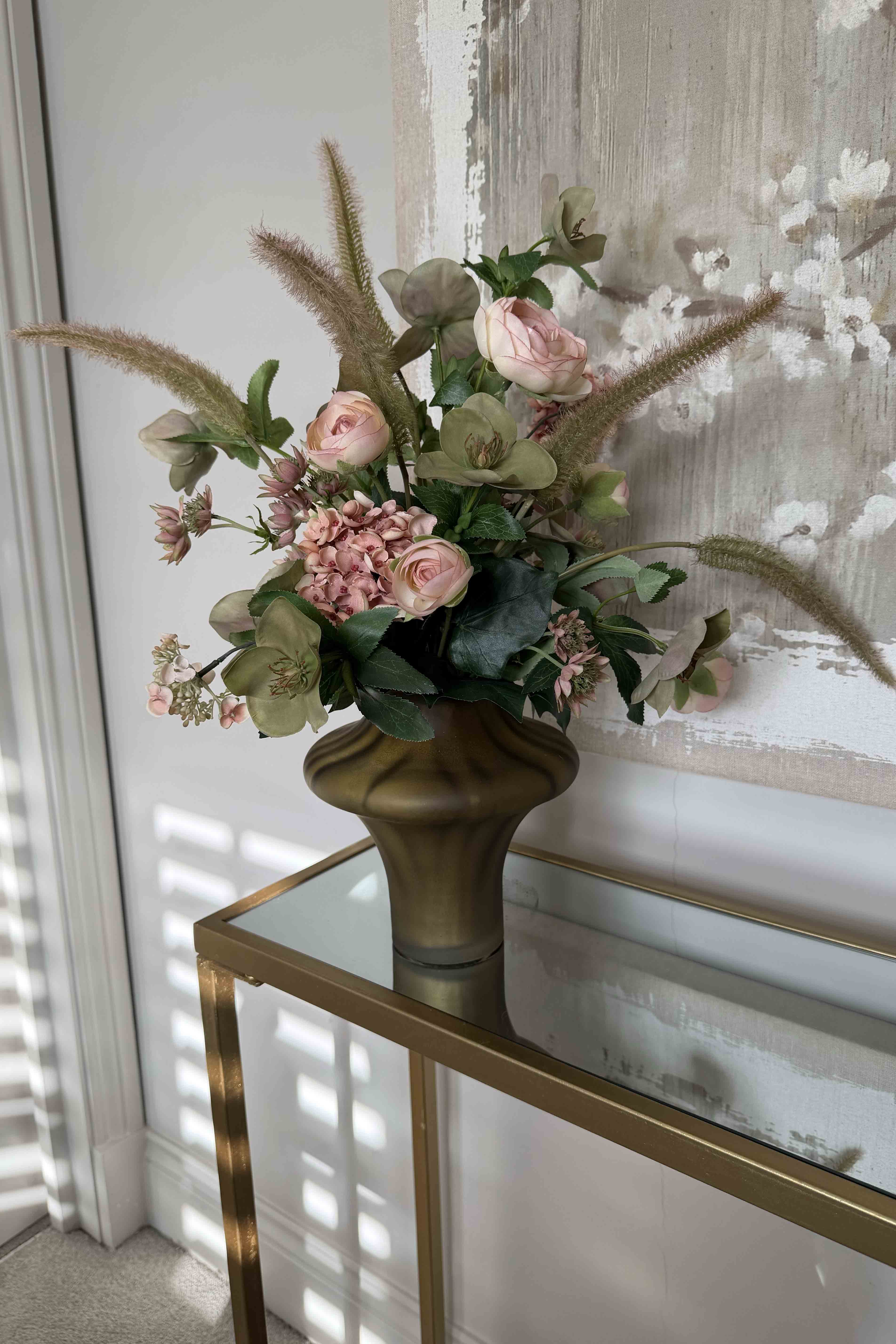 Ranunculus, Hellebores and Hydrangea Spray in a Smokey Brown Vase RTfact Flowers 