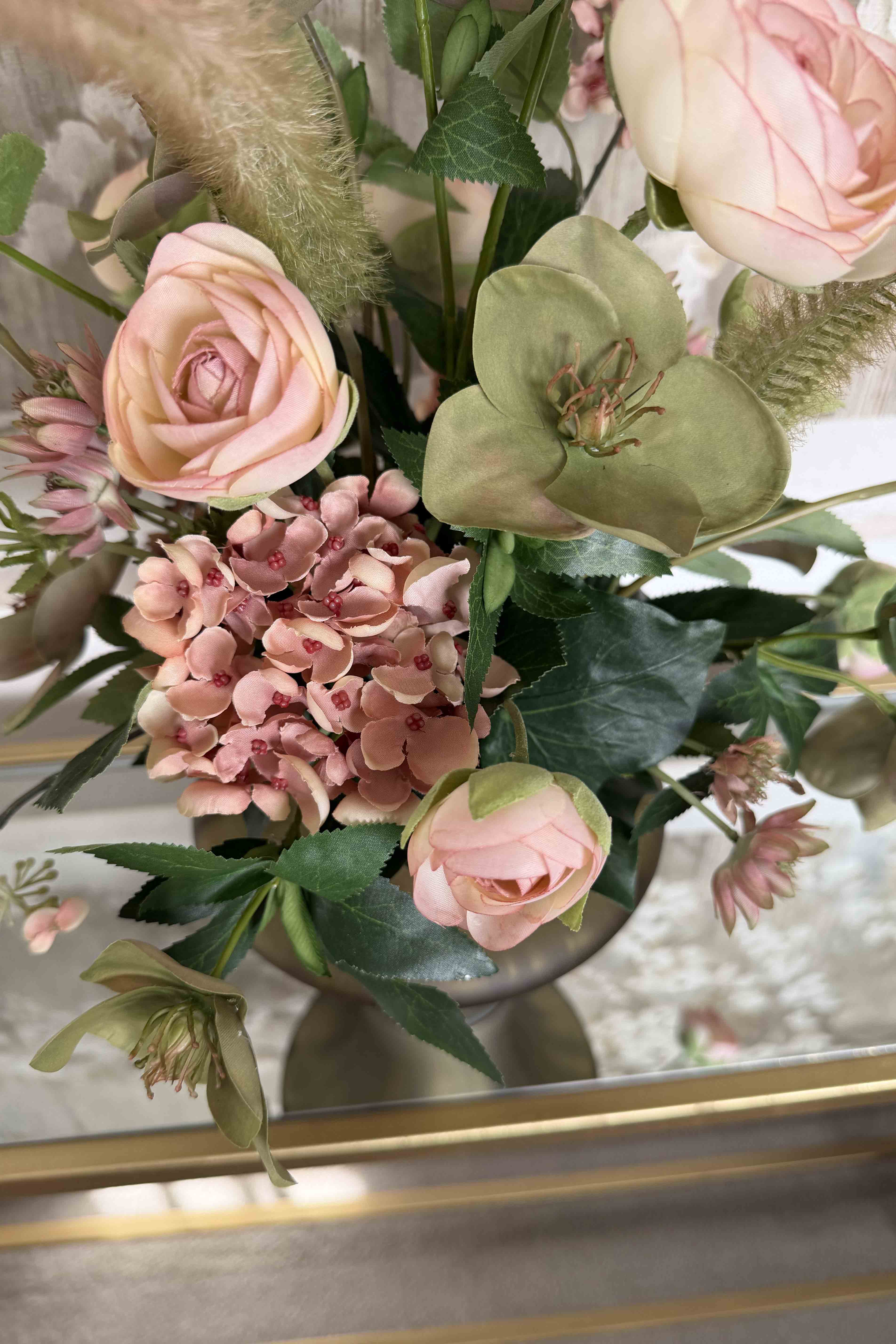 Ranunculus, Hellebores and Hydrangea Spray in a Smokey Brown Vase RTfact Flowers 