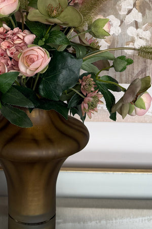 Ranunculus, Hellebores and Hydrangea Spray in a Smokey Brown Vase RTfact Flowers 