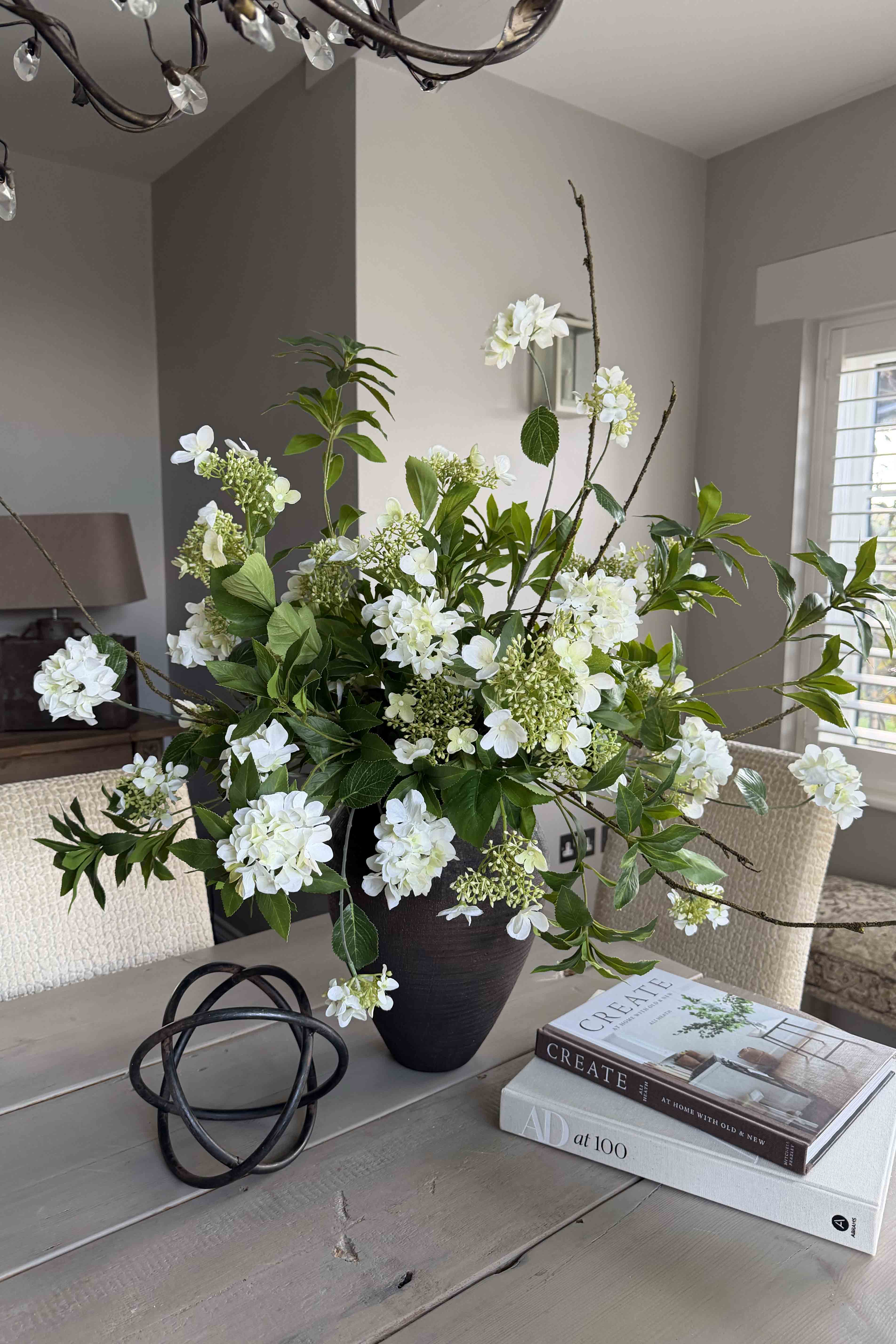 Bucida, Hydrangea spray and Viburnum flower in a Bronze hand-painted Vase RTfact Flowers 