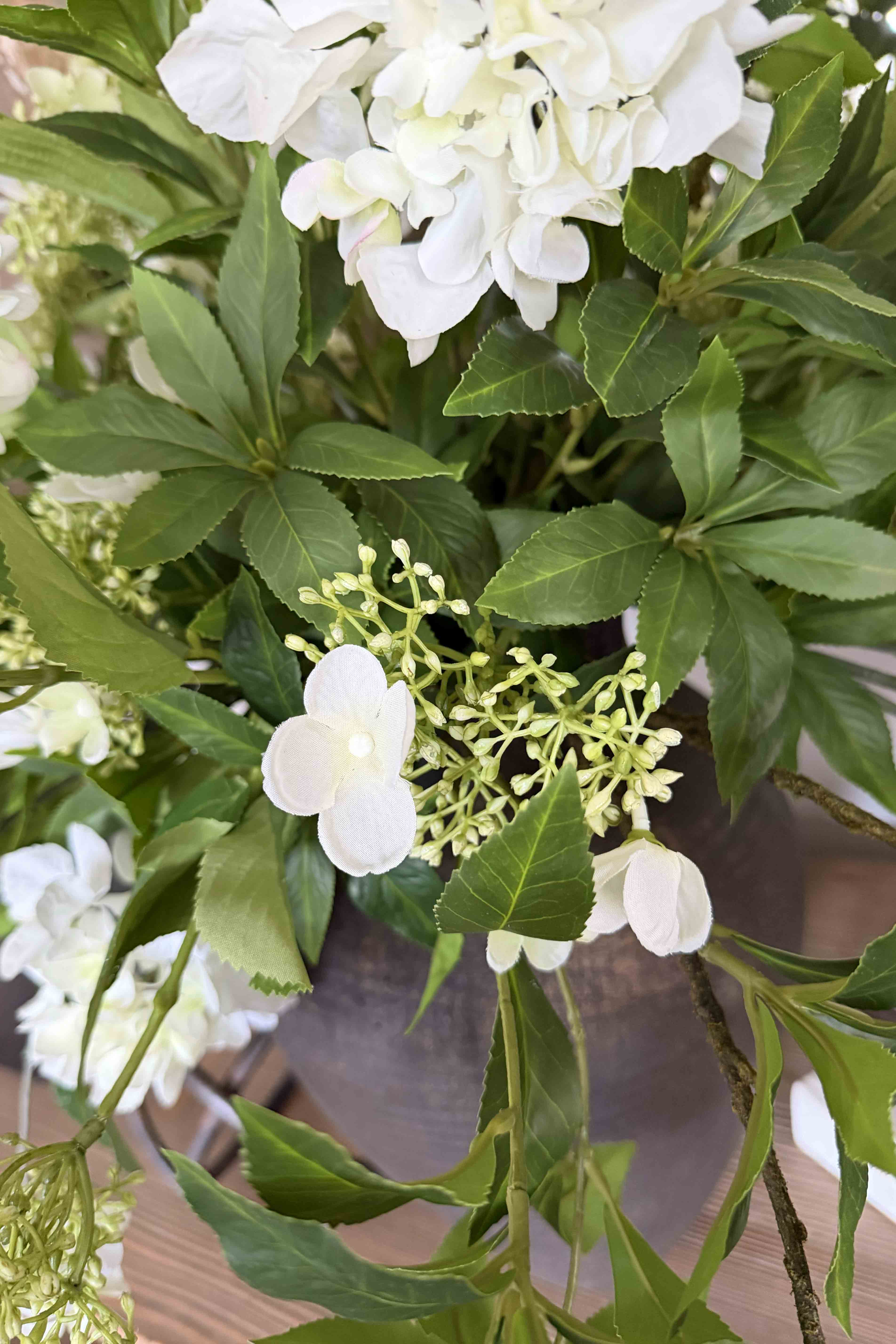 Bucida, Hydrangea spray and Viburnum flower in a Bronze hand-painted Vase RTfact Flowers 