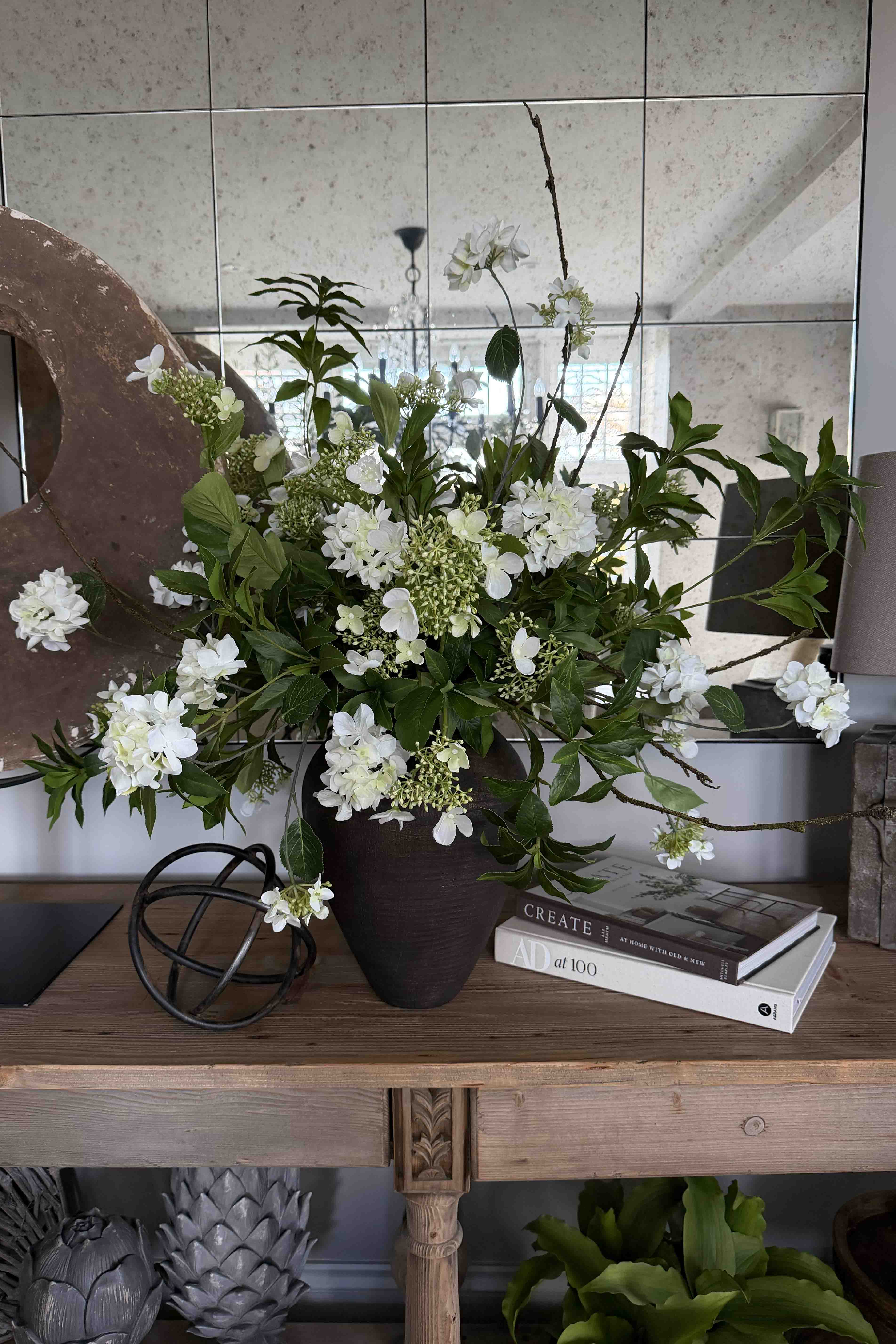 Bucida, Hydrangea spray and Viburnum flower in a Bronze hand-painted Vase RTfact Flowers 